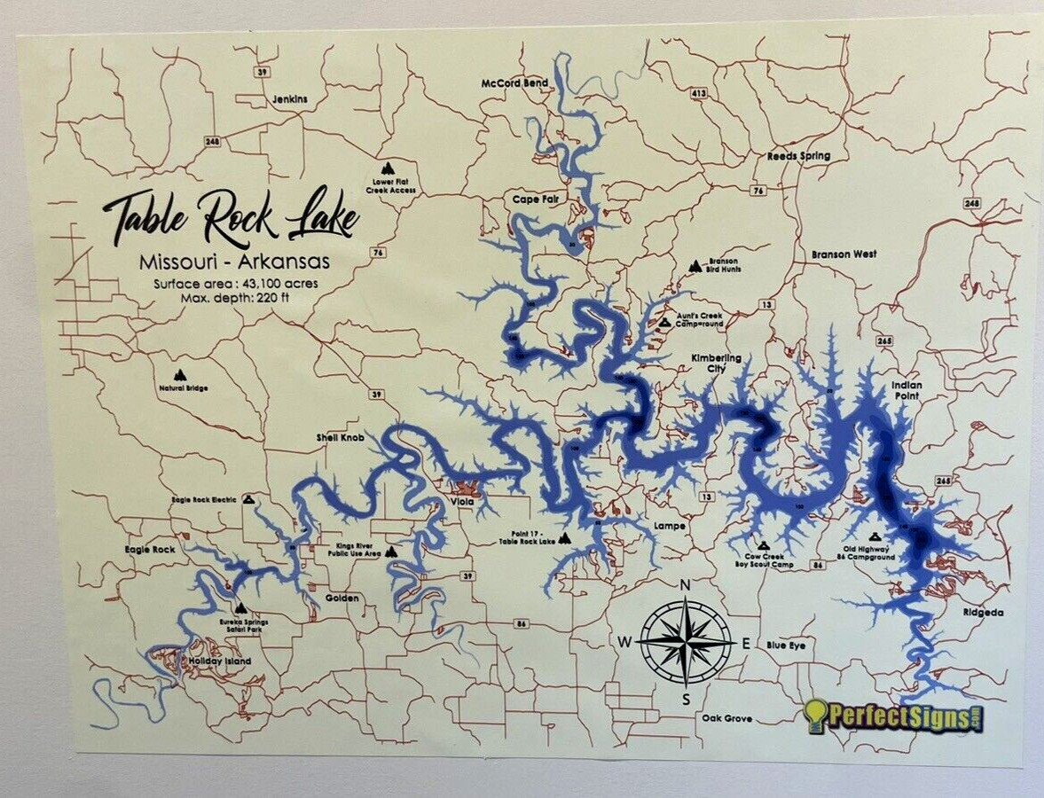 Table Rock Lake Map High Quality Canvas Self-Adhesive Print Easy to Apply
