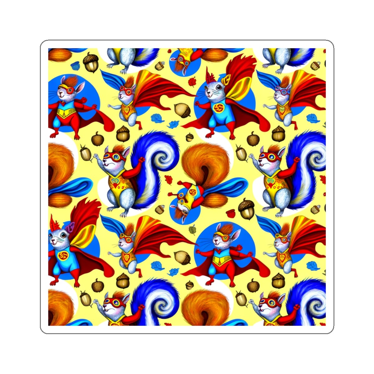 Sticker Squirrel Superheroes Maximalist Surrealism OffBeat Weird 2×2 3×3 4×4 6×6