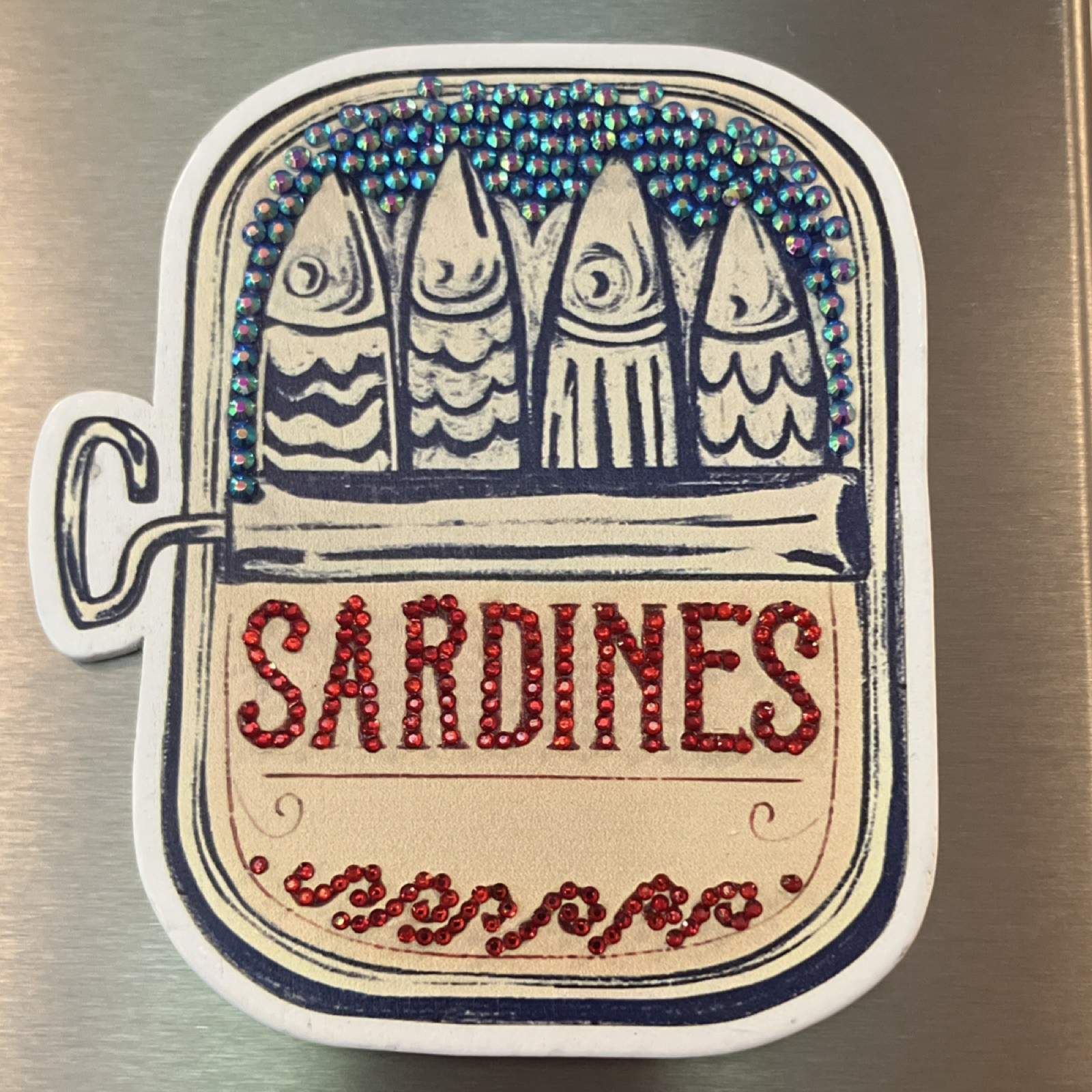 Sardines Tin Can painted wood Magnet glass gemstones Gift office kitchen decor