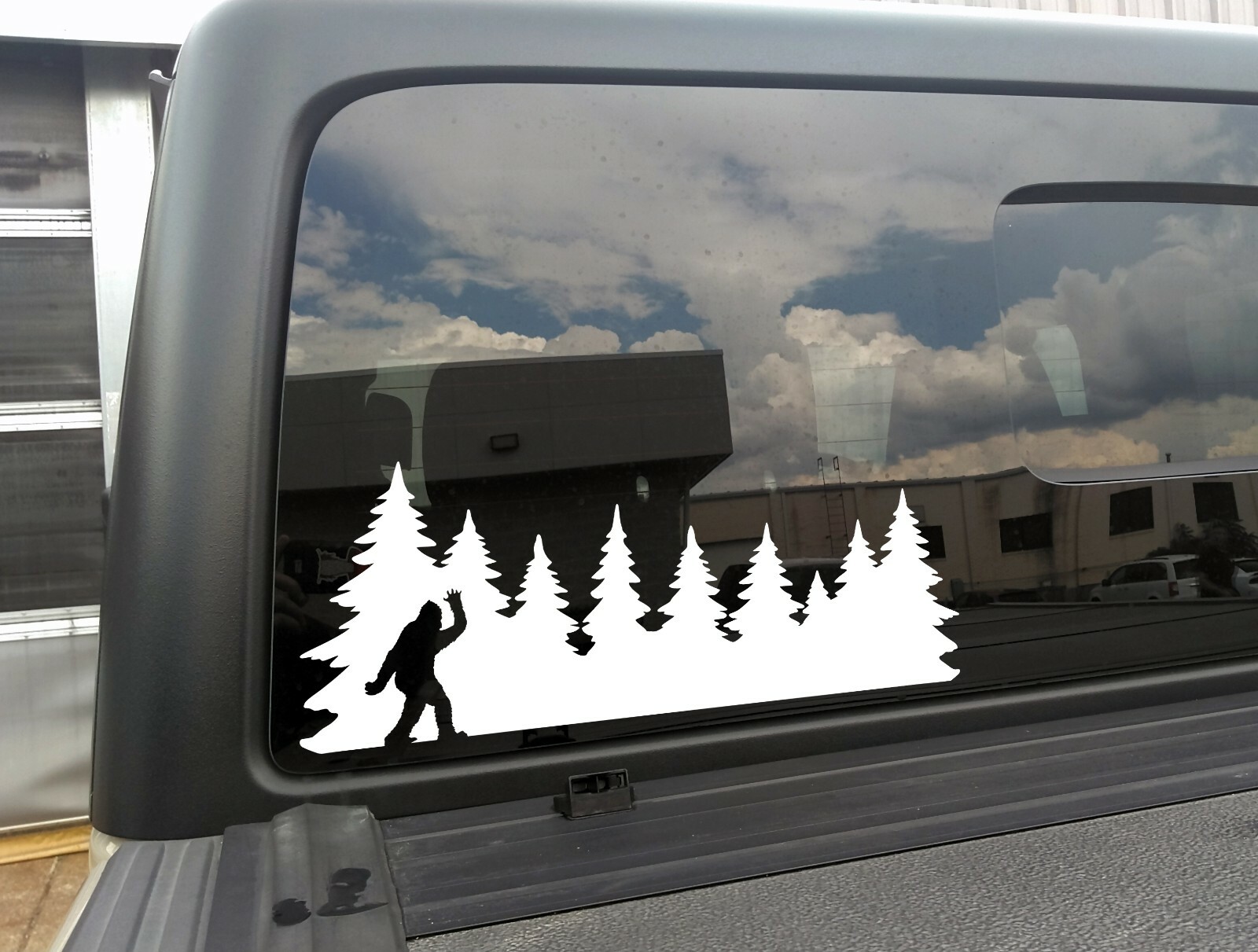 Bigfoot in Trees Waving Hello V2 Vinyl Decal – Sasquatch Forest Line PNW Die Cut