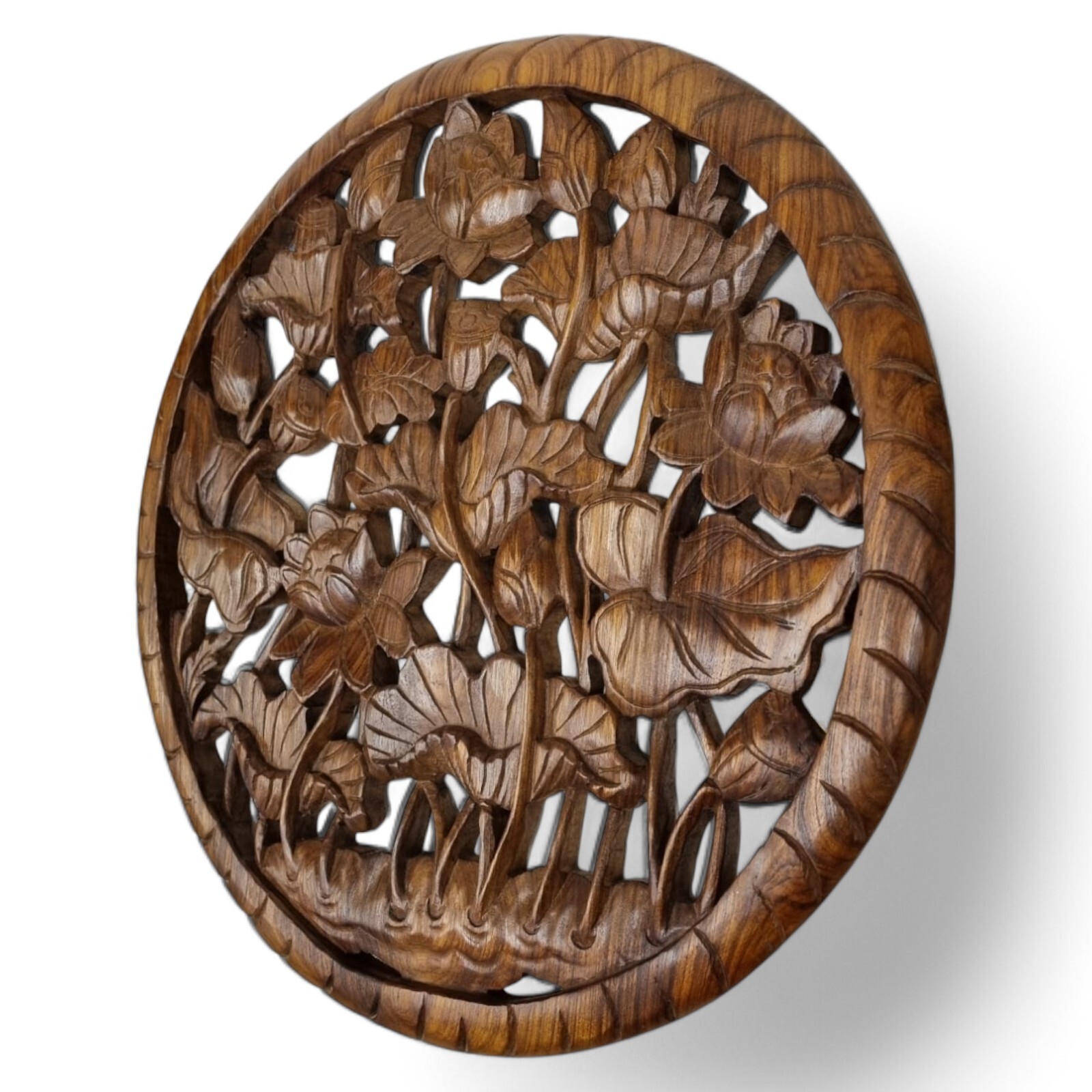 Suar Wood Carving Lotus Wall Picture Carved Wall Sculpture Acacia Solid Wood