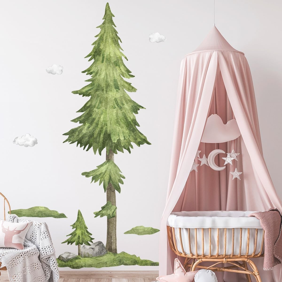Wall Decals Large Pine Tree Elk Birds Watercolor Woodland Wall Stickers for Kids