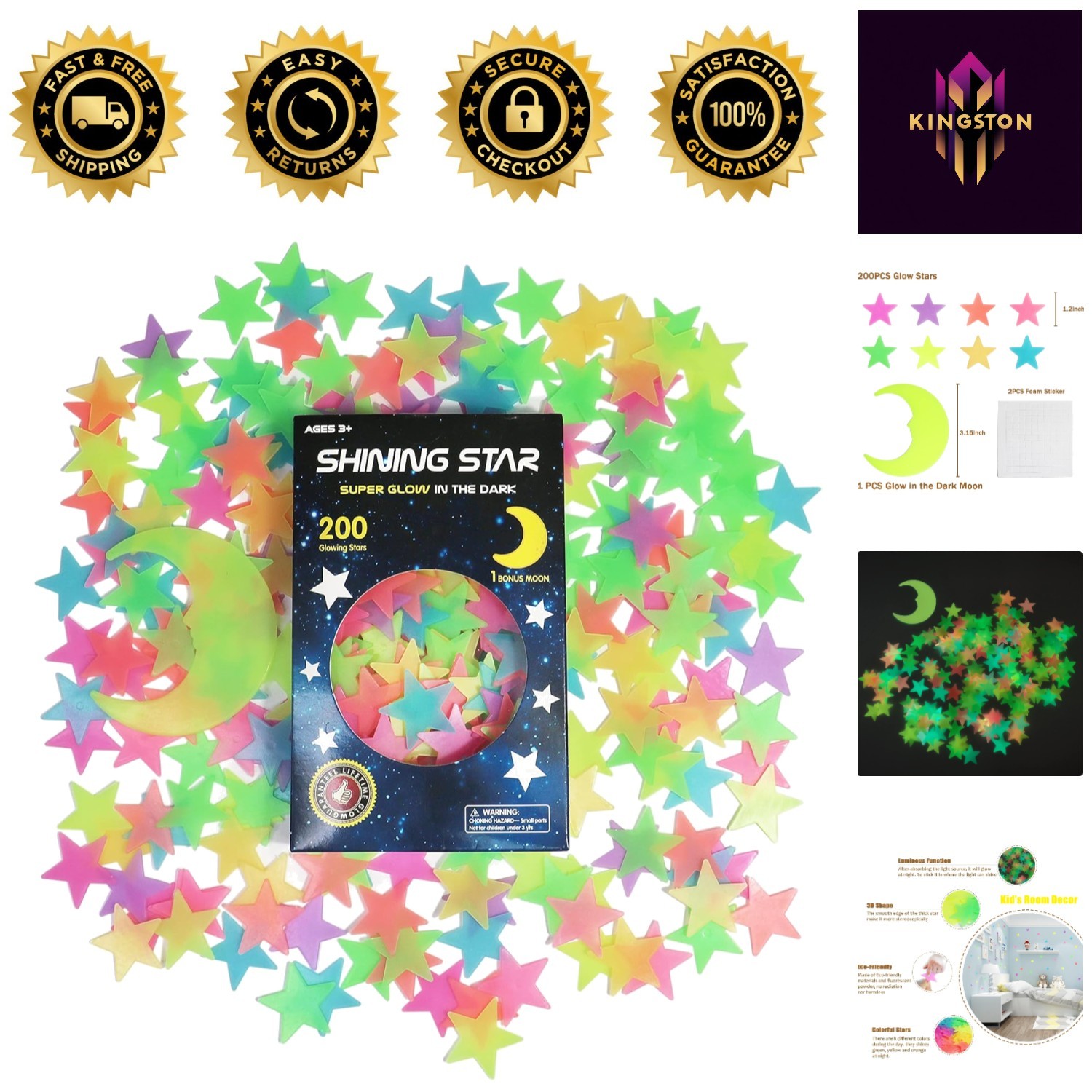 Multicolor Glow-in-the-Dark Sticker Set – 200pcs Stars and Moon for Ceiling
