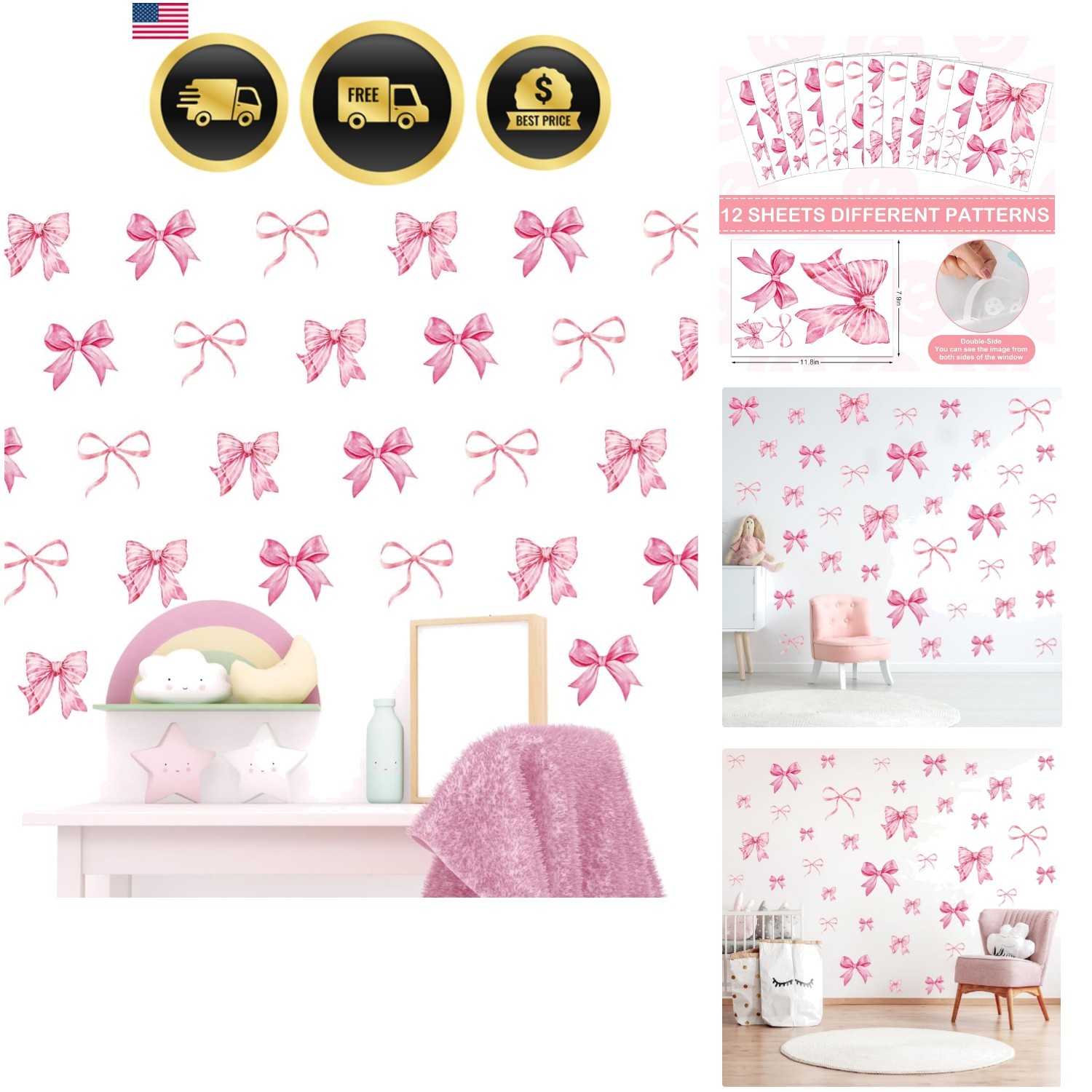 Pink Bow Wall Stickers Watercolor Decor Room Mural for Kids Girls Party