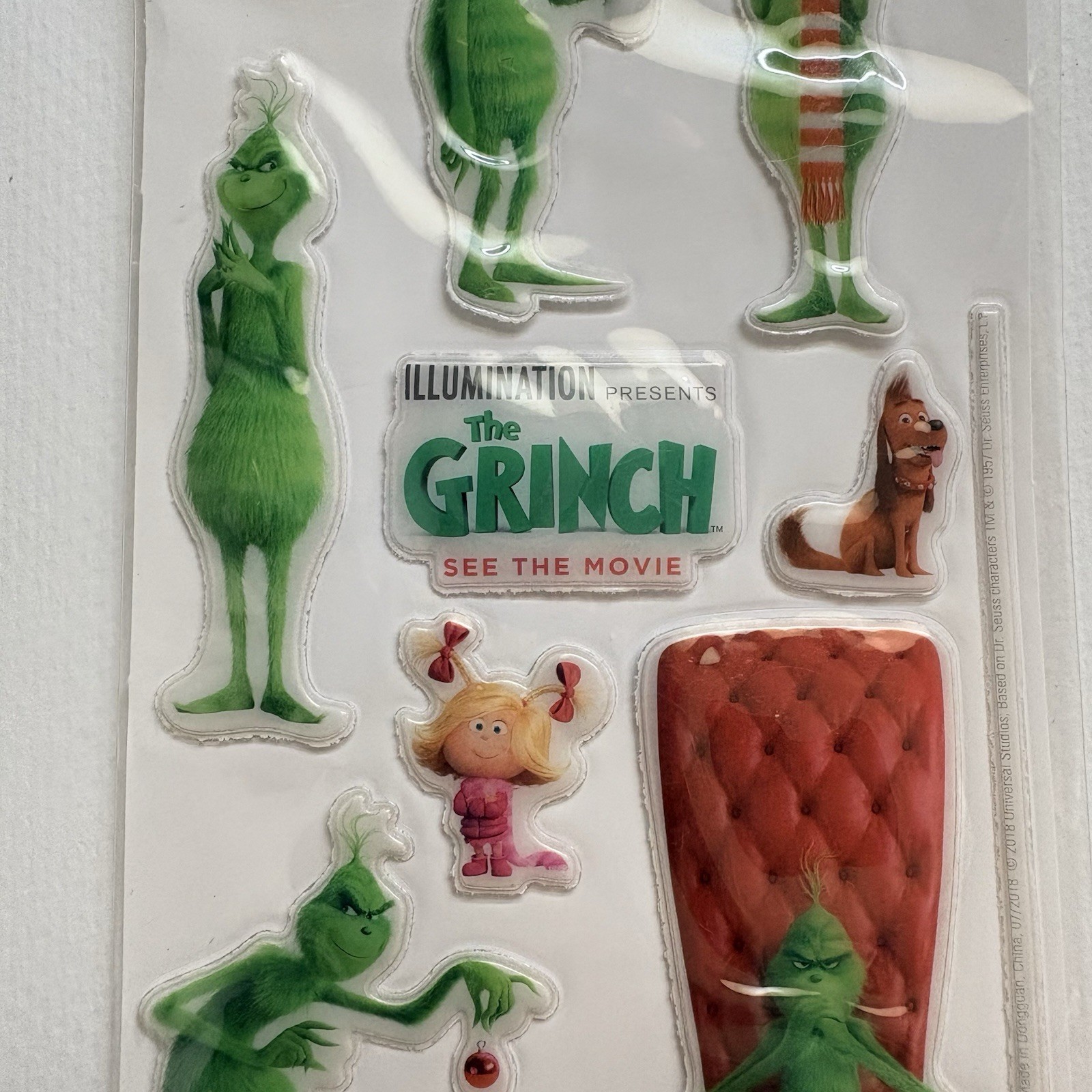 New The Grinch movie Puffy Sticker Sheet 2018 Dr Seuss Christmas New Sealed