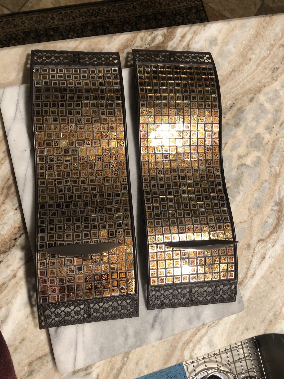 STUNNING PAIR OF MOSAIC GLASS STYLE BRONZE WALL SCONCES-NEW