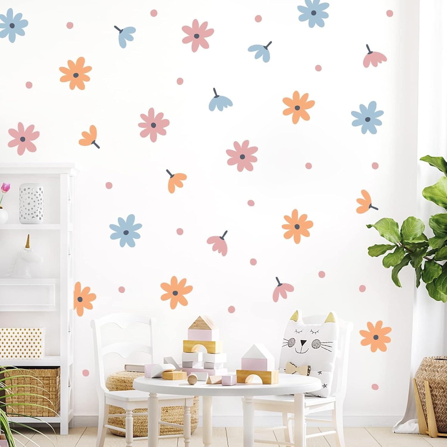 Waterproof Floral Wall Decals – Retro Daisy Decor for Kids' Rooms, 44 Stickers