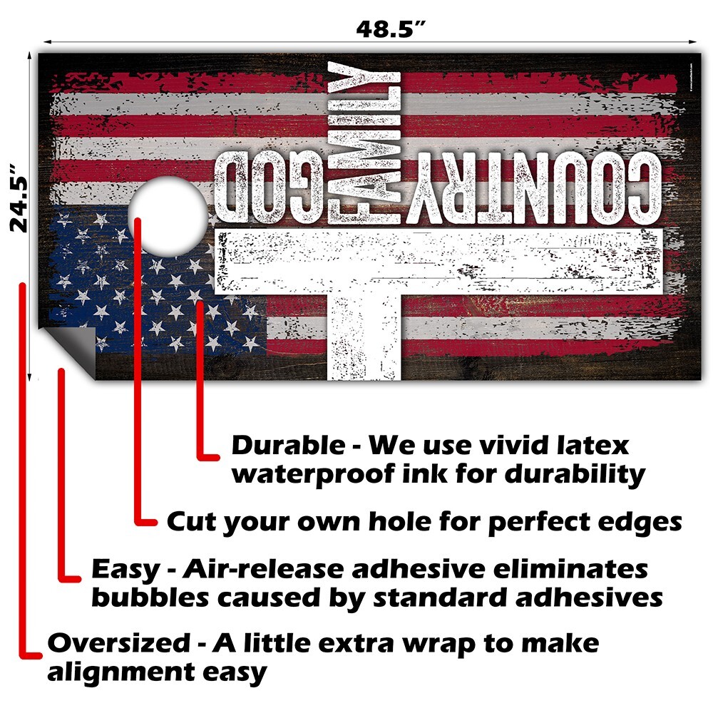 God Family Country Rustic Style American Flag Cornhole Wraps Cornhole Skins Wrap