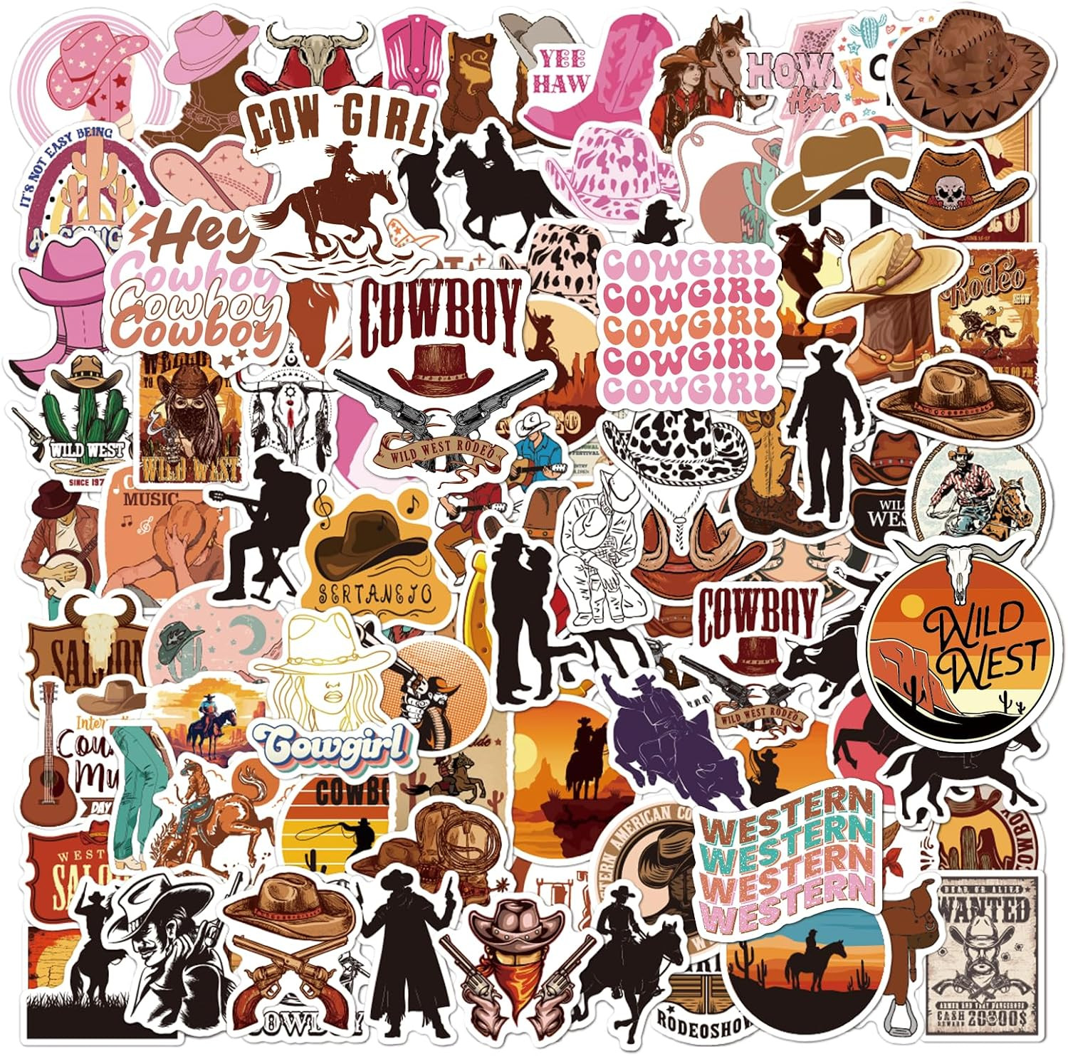 Cowboy Cowgirl Stickers 100PCS, Western Decals Vinyl Waterproof for Kids Adults,