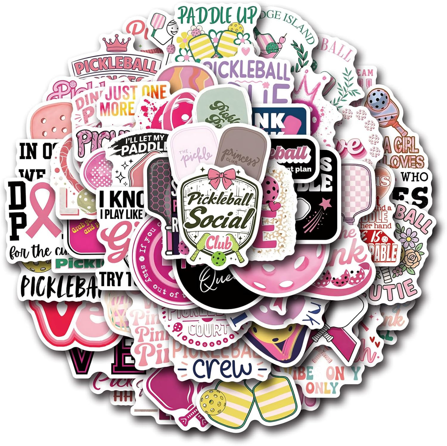 60 Pink Pickleball Stickers – Vinyl Waterproof Decals for Laptops & Water Bottle