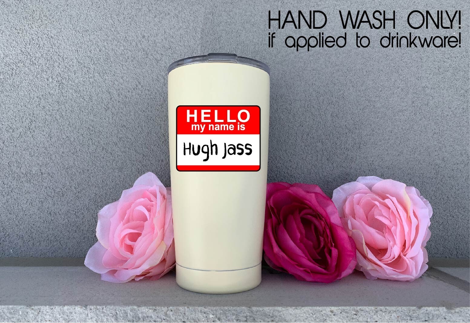 Name Tag Decal Sticker Hugh Jass Funny Huge Joke Names Hello My Name Is Red ID