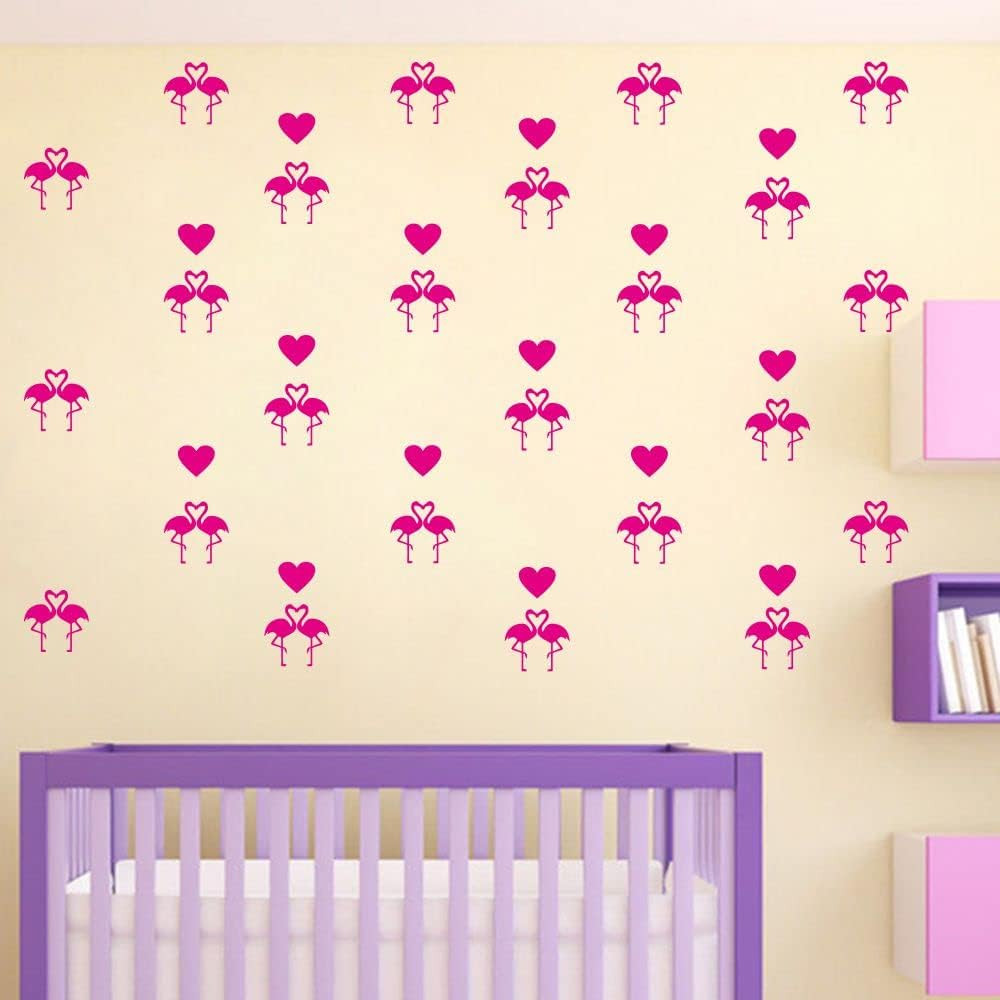 Flamingo Wall Stickers Set – 24 Removable PVC Decals with Silhouette and Hearts