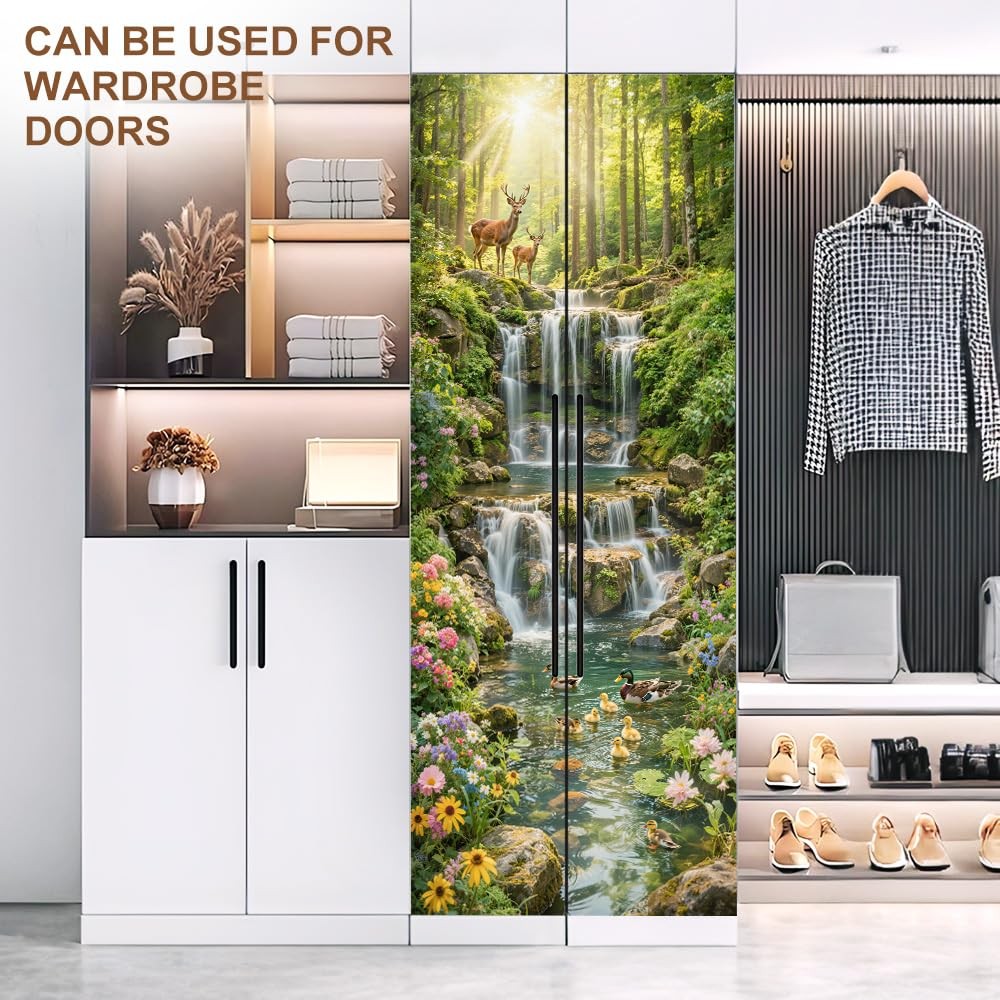 Spring Forest Waterfall Door Mural, Peel and Stick Door Covers Decorative, Na…