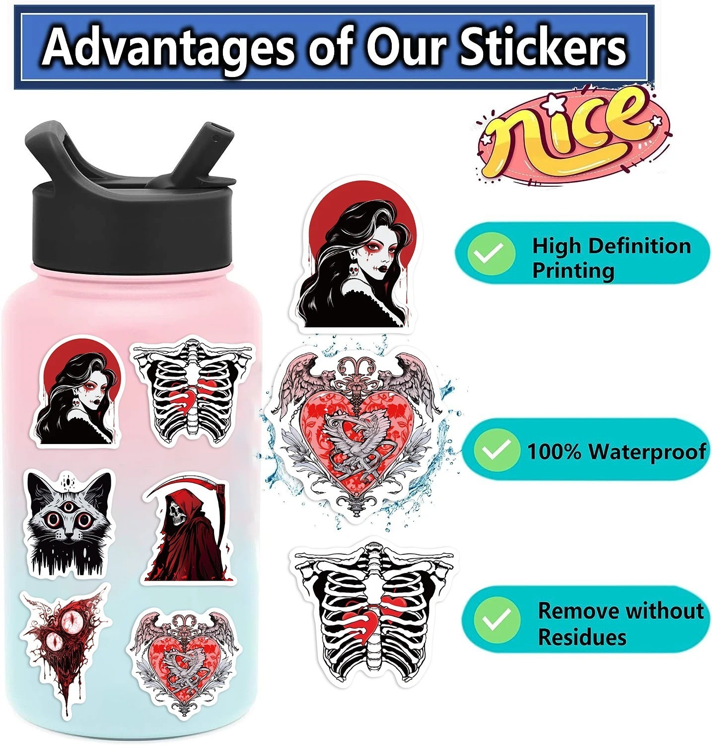 50PCS Gothic Skull Stickers Horror Graffiti Laptop Skateboard Guitar Decals