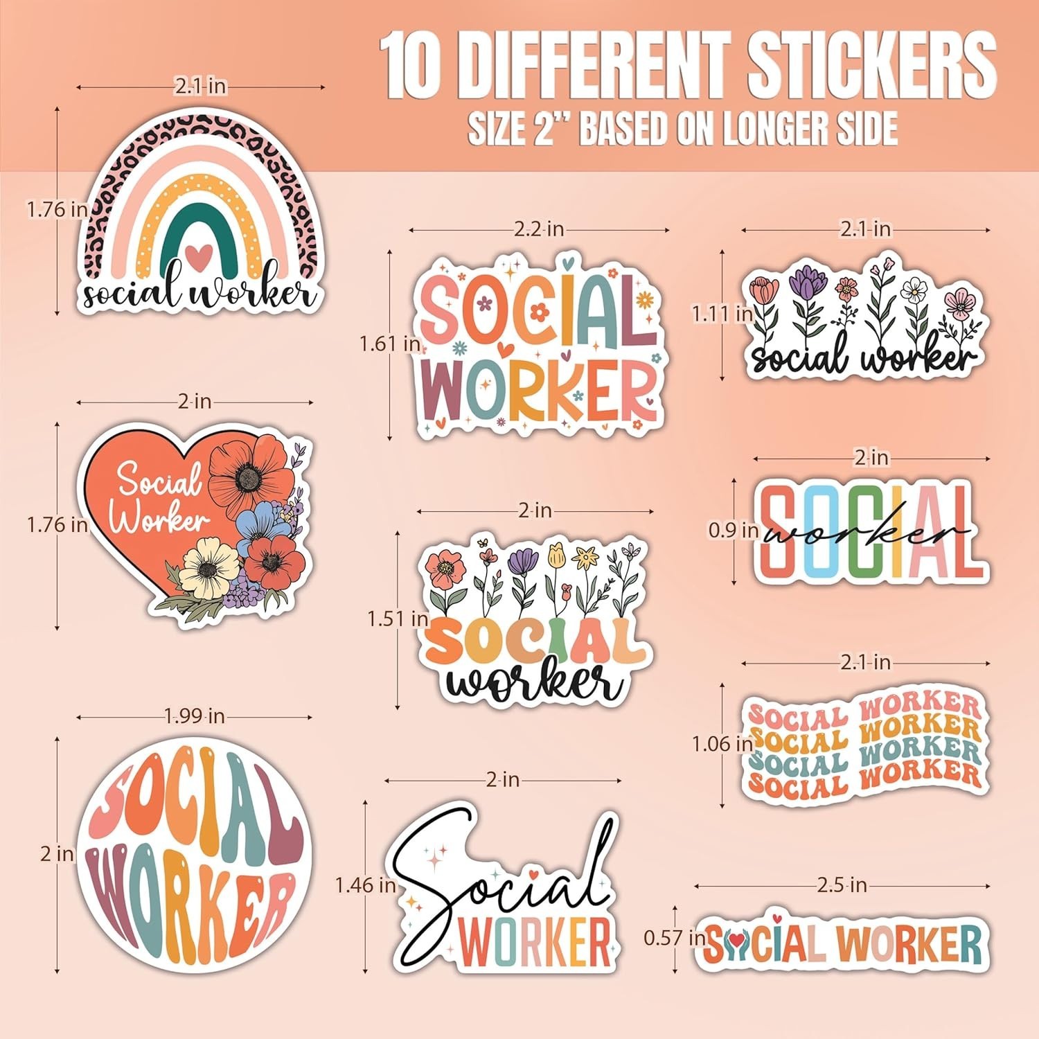 10pcs Retro Floral Social Worker Sticker Groovy Positive Quotes Social Work Gift
