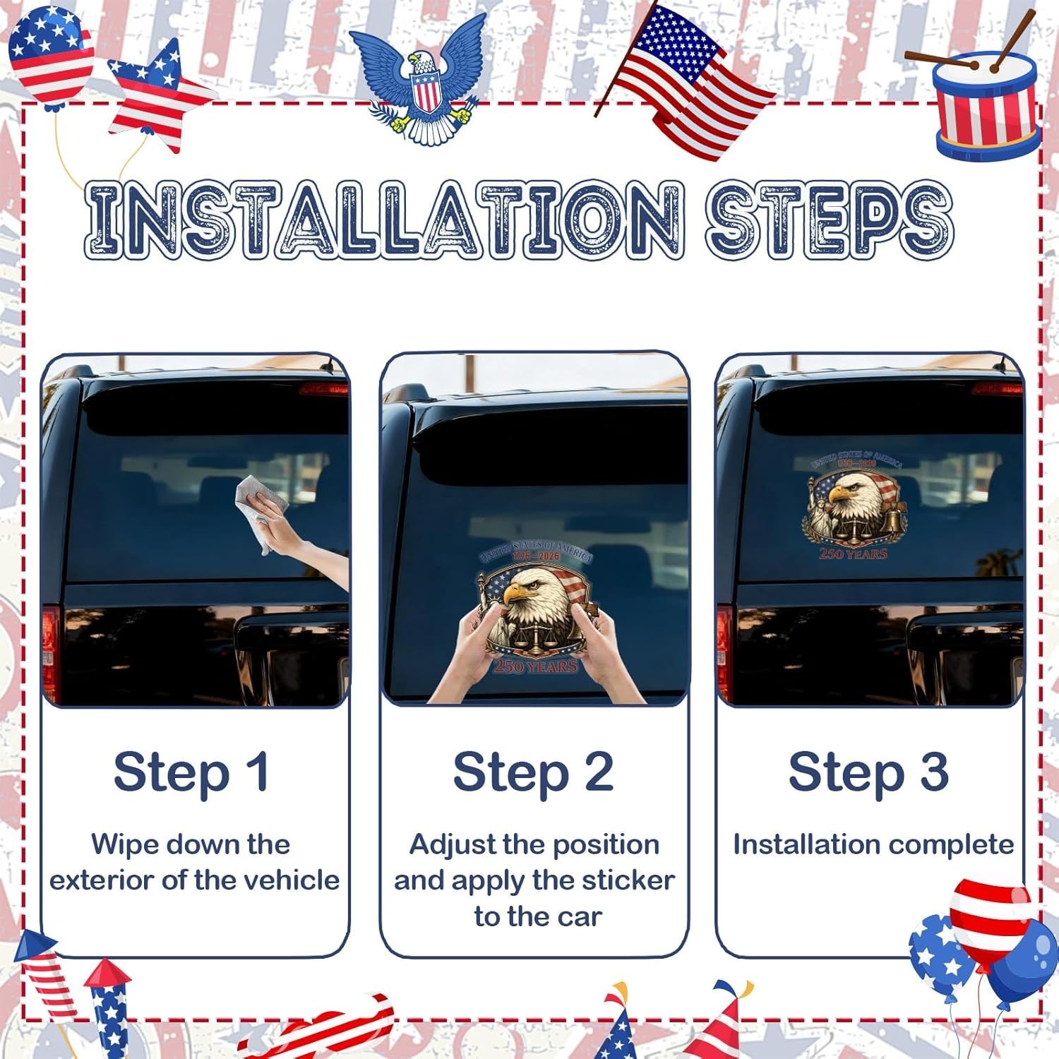 USA Car Decal Sticker 250th Anniversary 1776-2026 Patriotic Bumper 3pcs