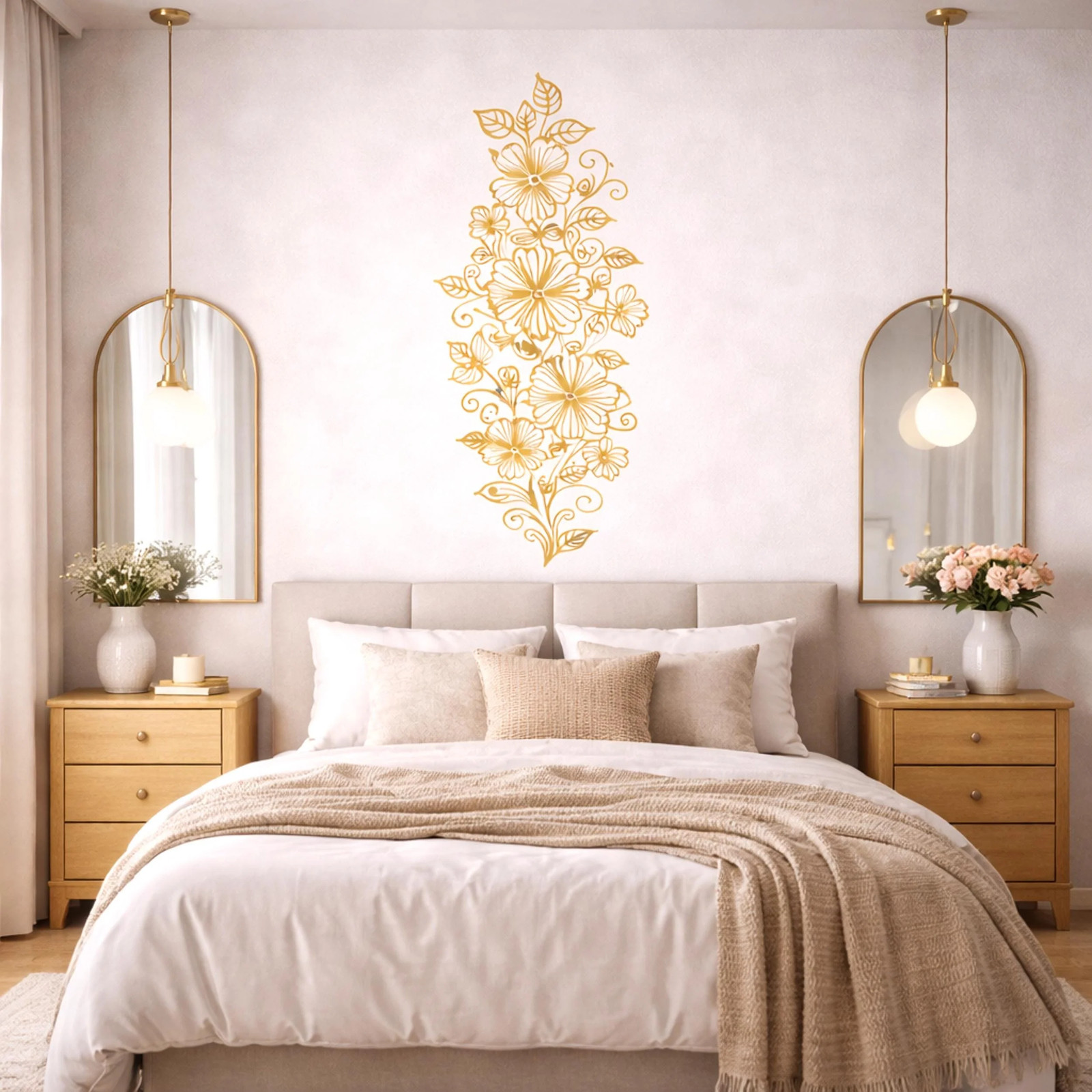 Vertical Gold Floral Wall Decal | Tall Flower Line Art