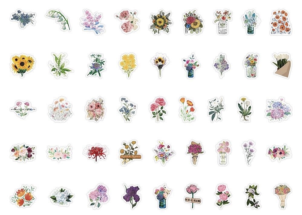 50PCS Cute Floral Flower Stickers Aesthetic Waterproof Vinyl Decal