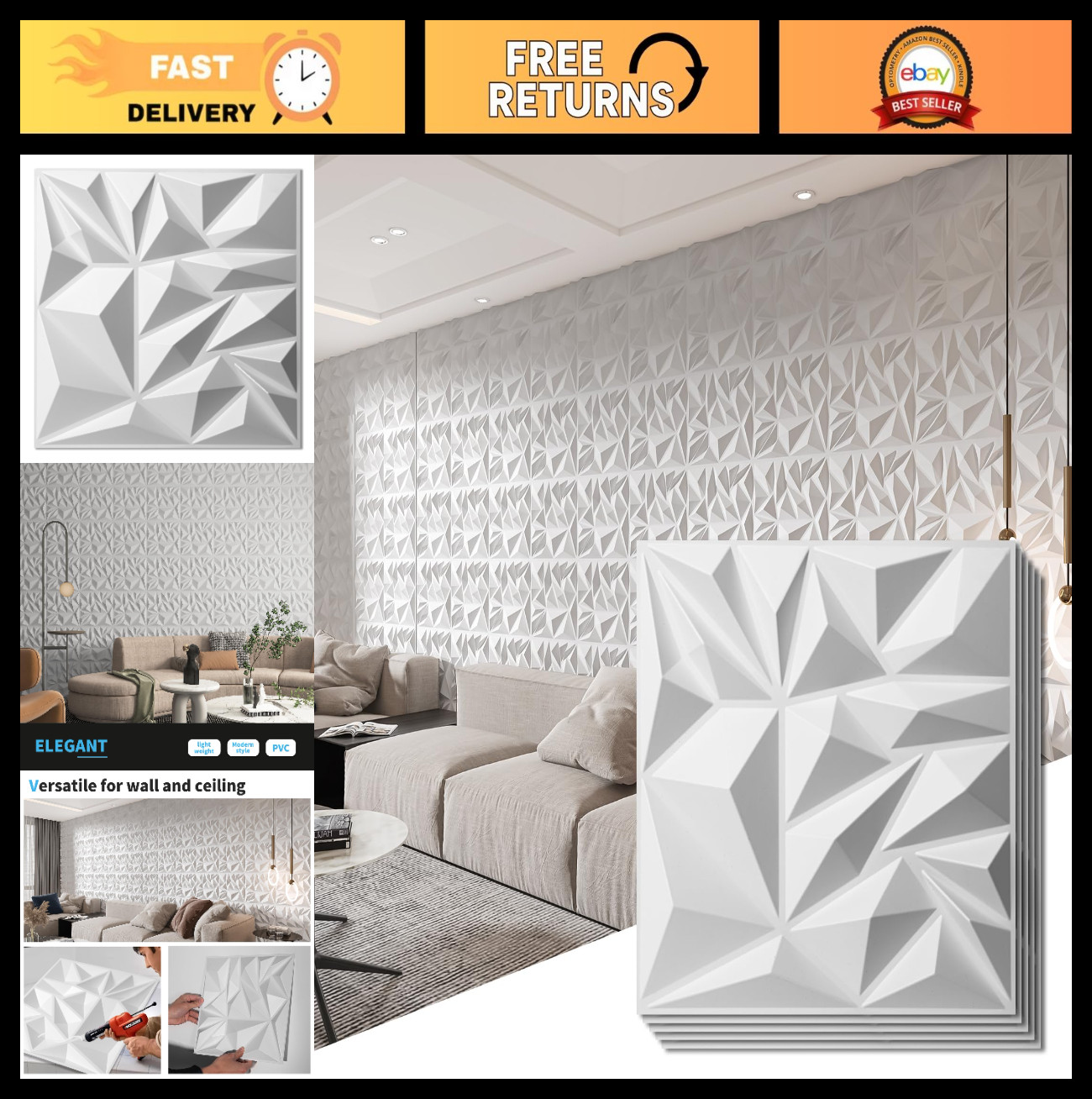 33-Pack 3D Wall Panels for Interior Decor, Modern Diamond Accent Wall, 12×12" Wh