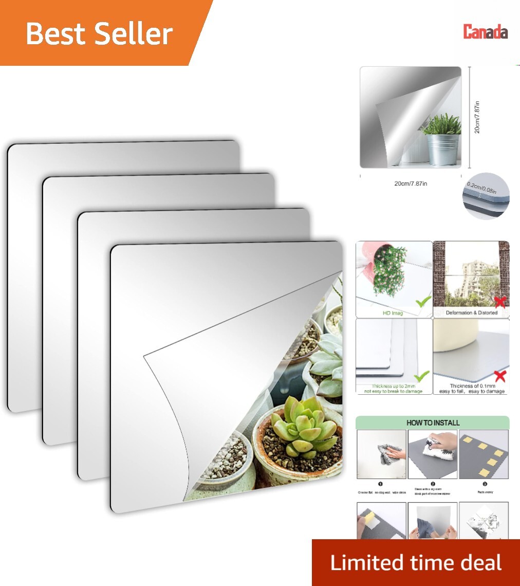 Self Adhesive Acrylic Mirror Tiles – Frameless, 2MM Thick – 4 Pack 8×8 Inches