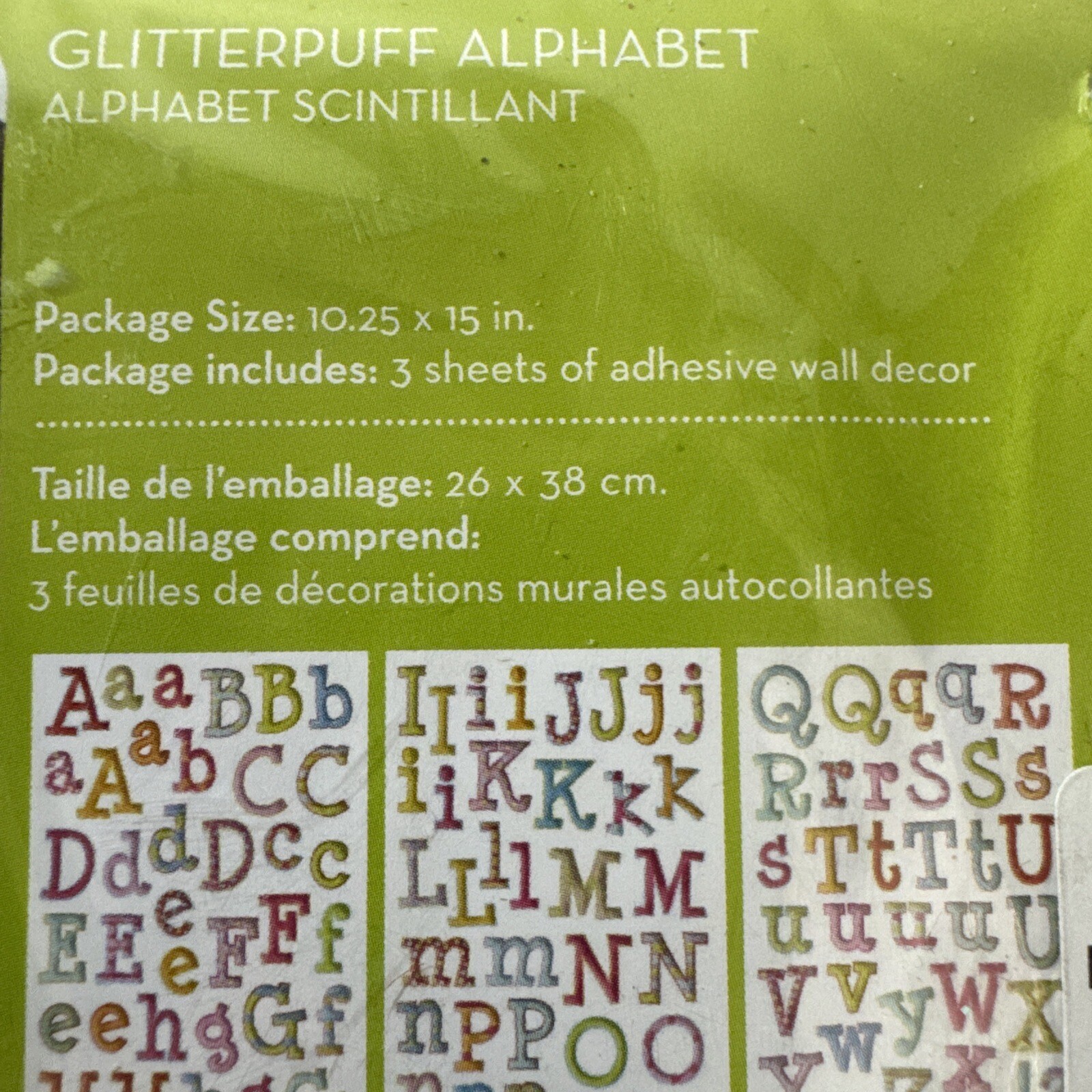 Anywhere Art Adhesive Glitter Puff Alphabet. Multicolor -3 Sheets Of Wall Decor