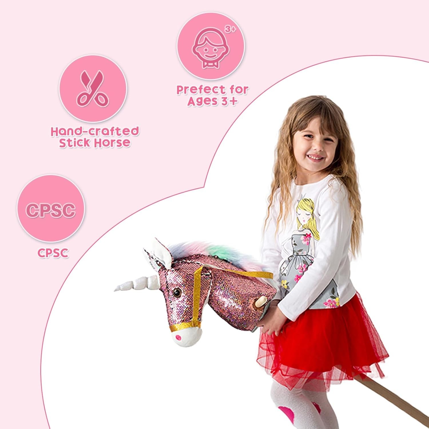 Sequin Unicorn Stick Horse Handcrafted Hobby Horse on a Stick with Wood Wheels R