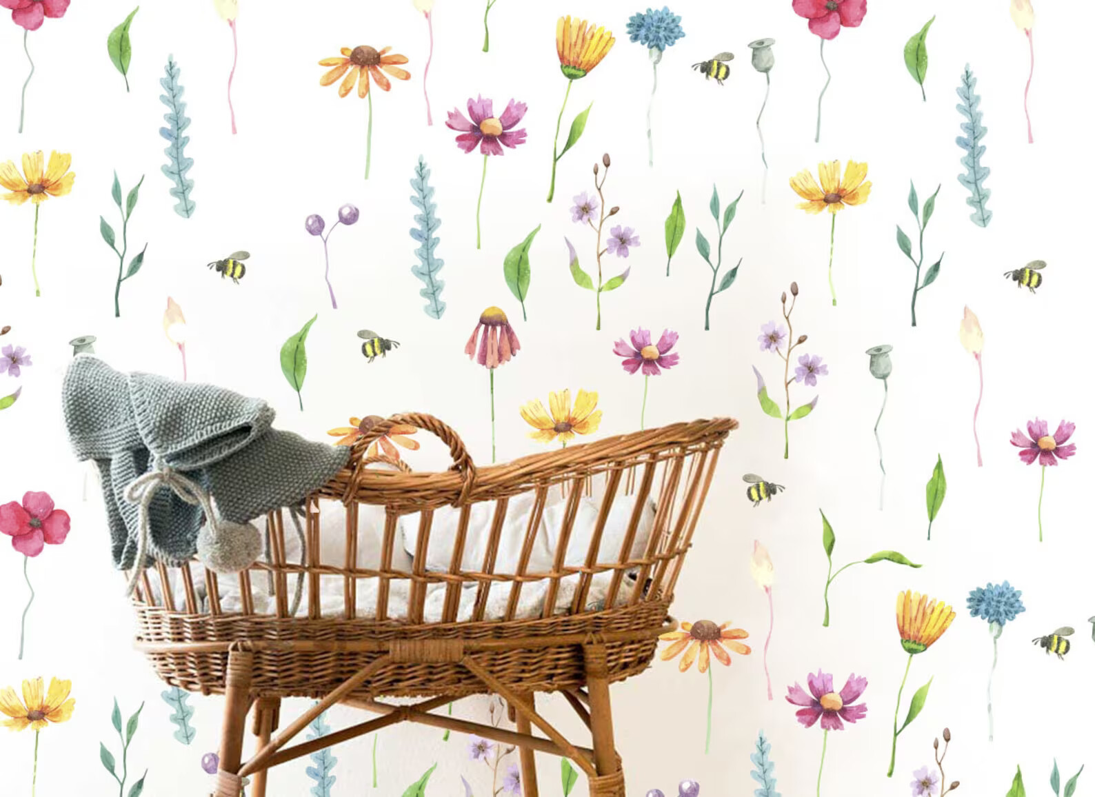Watercolor Field Flowers Wall Decals Nursery Bee Floral Leaves Stickers LF534
