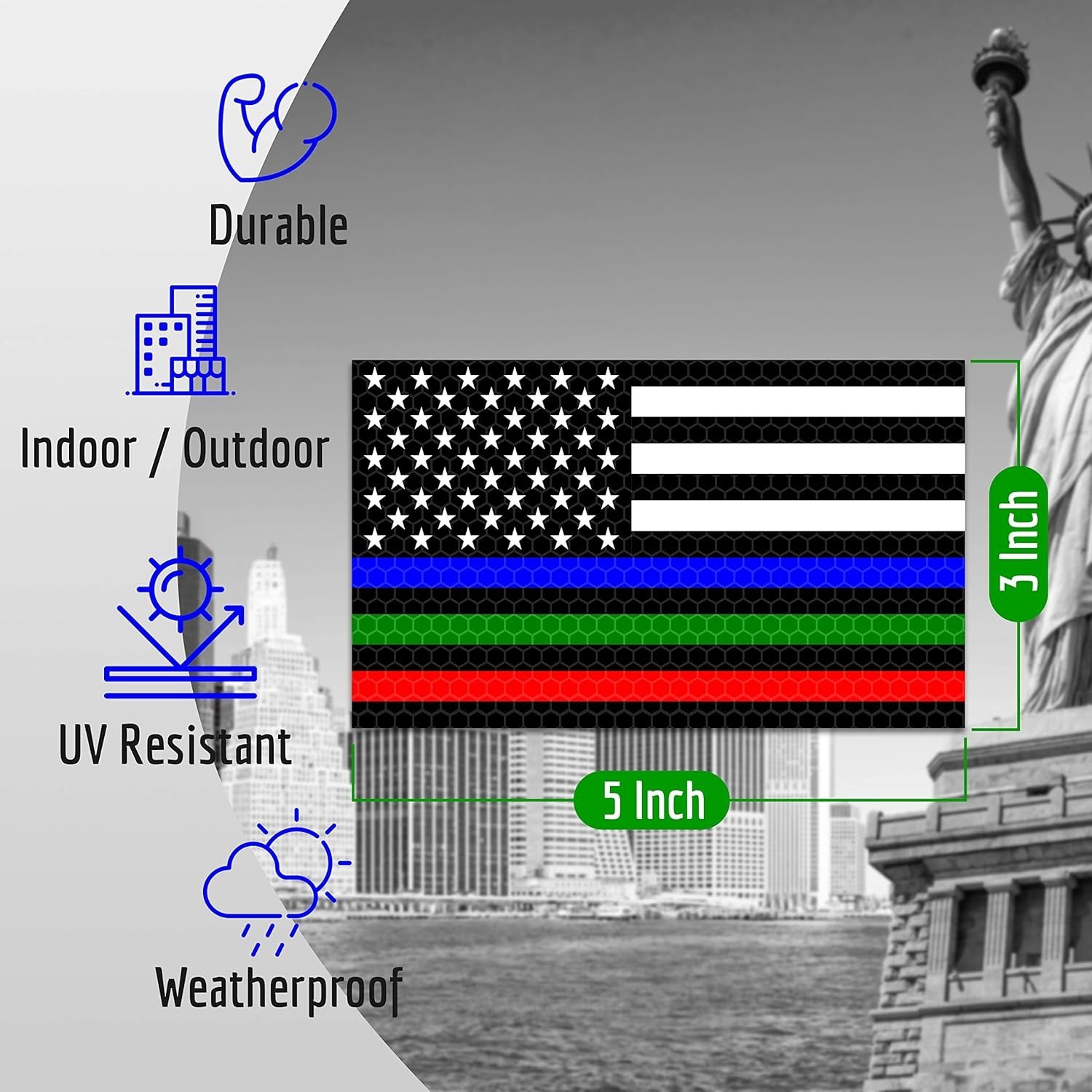 3PC Reflective Thin Line American Flag Sticker – 5×3 Inches – Blue Green and …