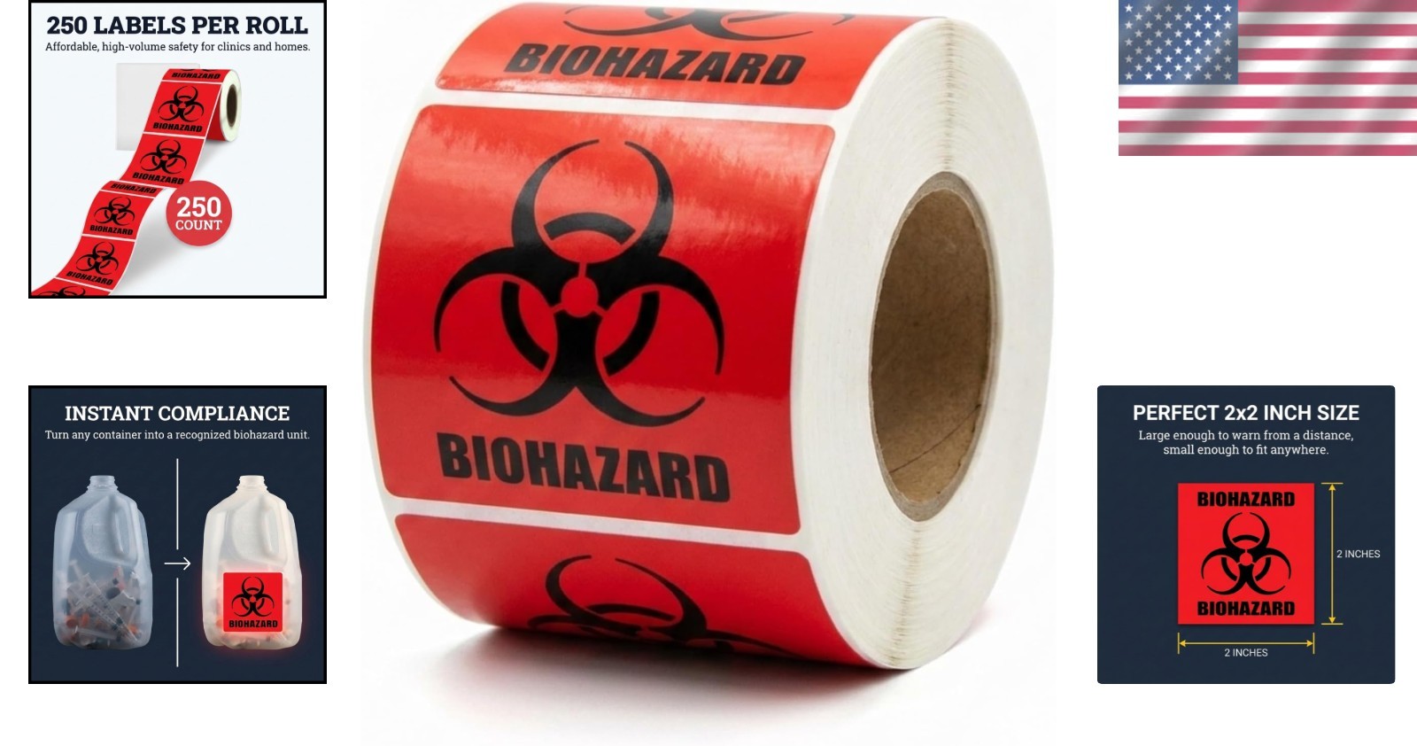 Bright Red 2" x 2" Biohazard Labels – 250 Durable Stickers for Labs & Hospitals