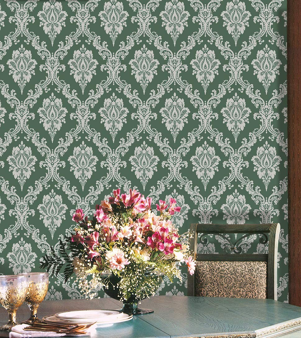 J1280-10M Damask Peel and Stick Wallpaper 17.7inx 32.8ft Lake Green/Silver Re…