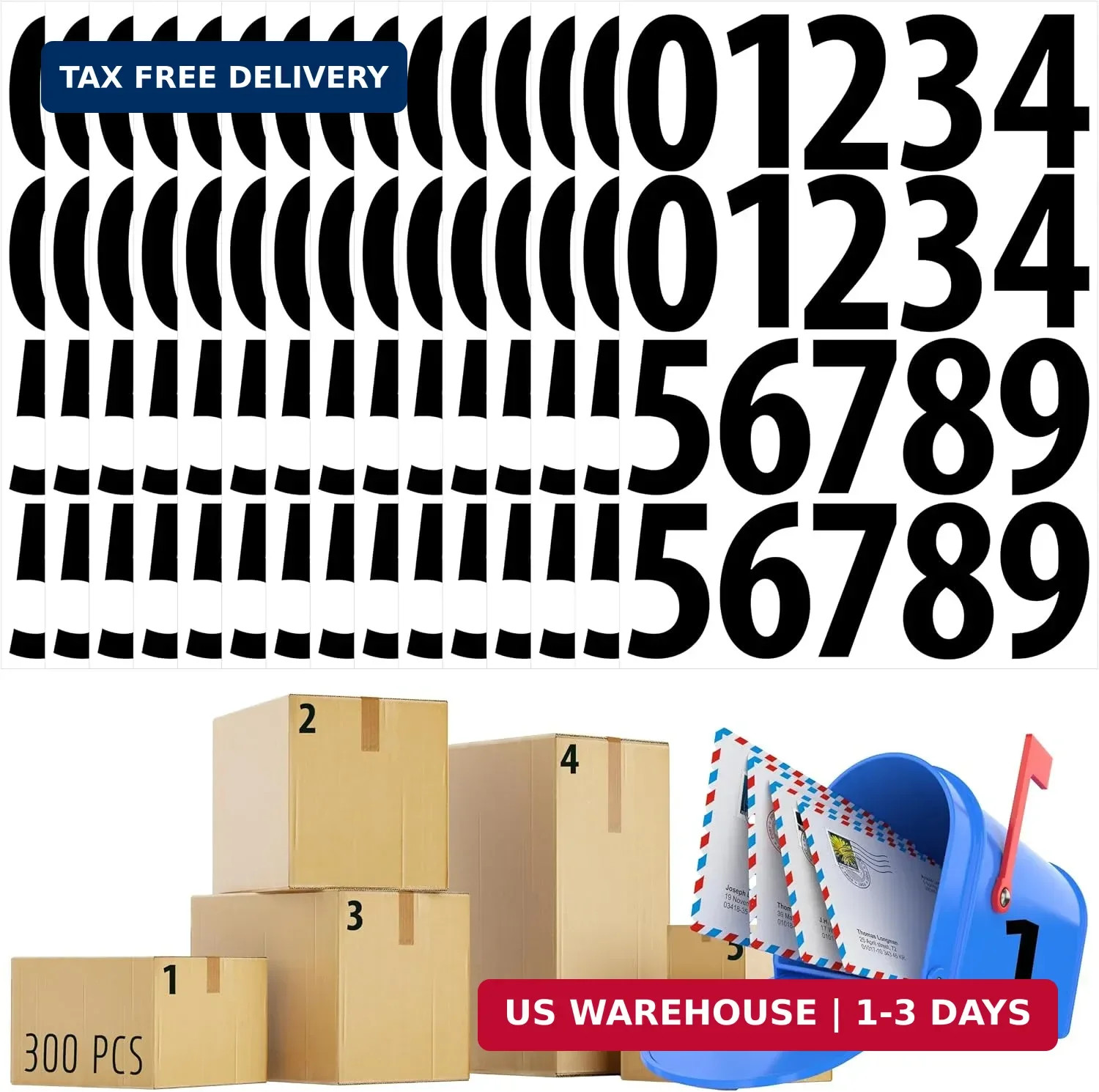 300PCS 3" Large Number Stickers Waterproof Vinyl Number Labels 0-9 Sheets Black