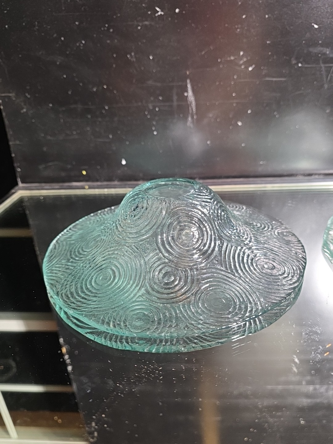 Vintage Clear Glass Pedestal Bowl Concentric Swirl Spiral Textured Art Glass 9"