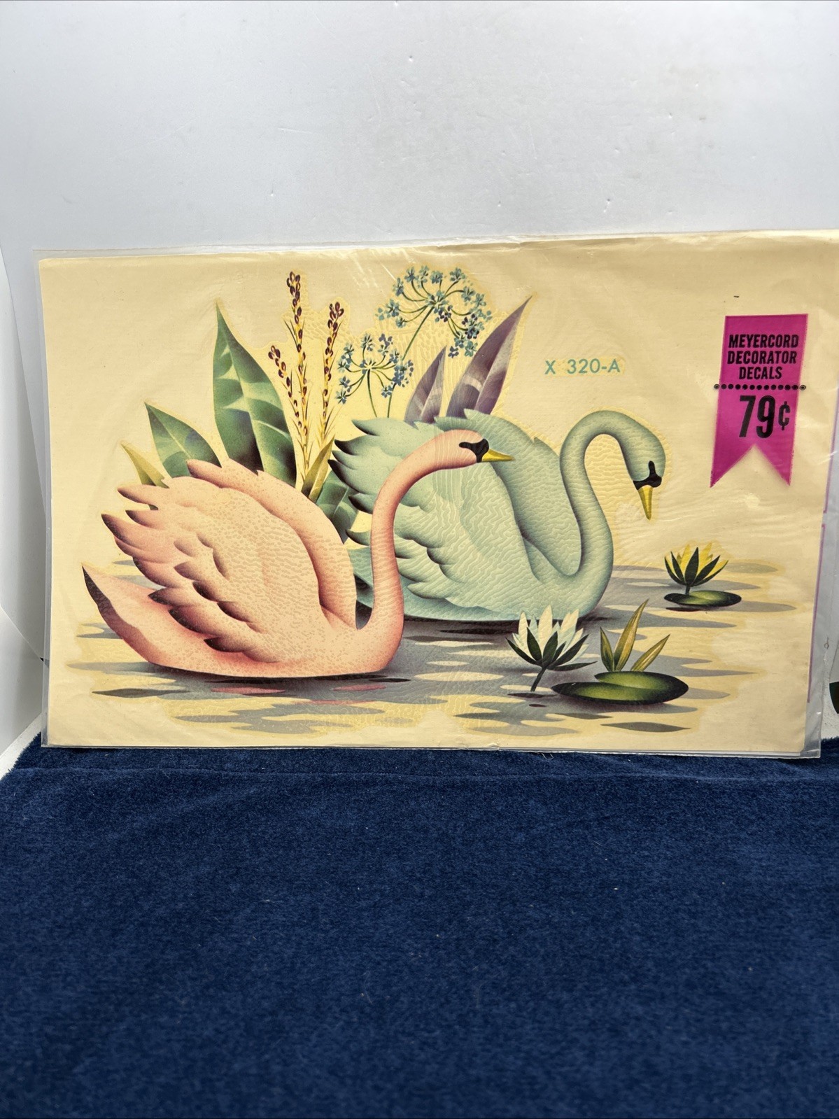 Vintage Meyercord X320-A Pink Blue/Green Swans Lily pads Pond Craft Romantic