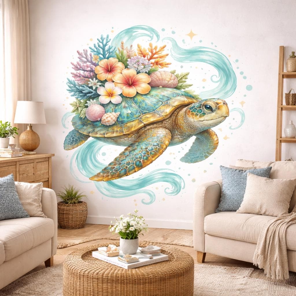 Sea Turtle Wall Decal | Tropical Floral Wall Sticker