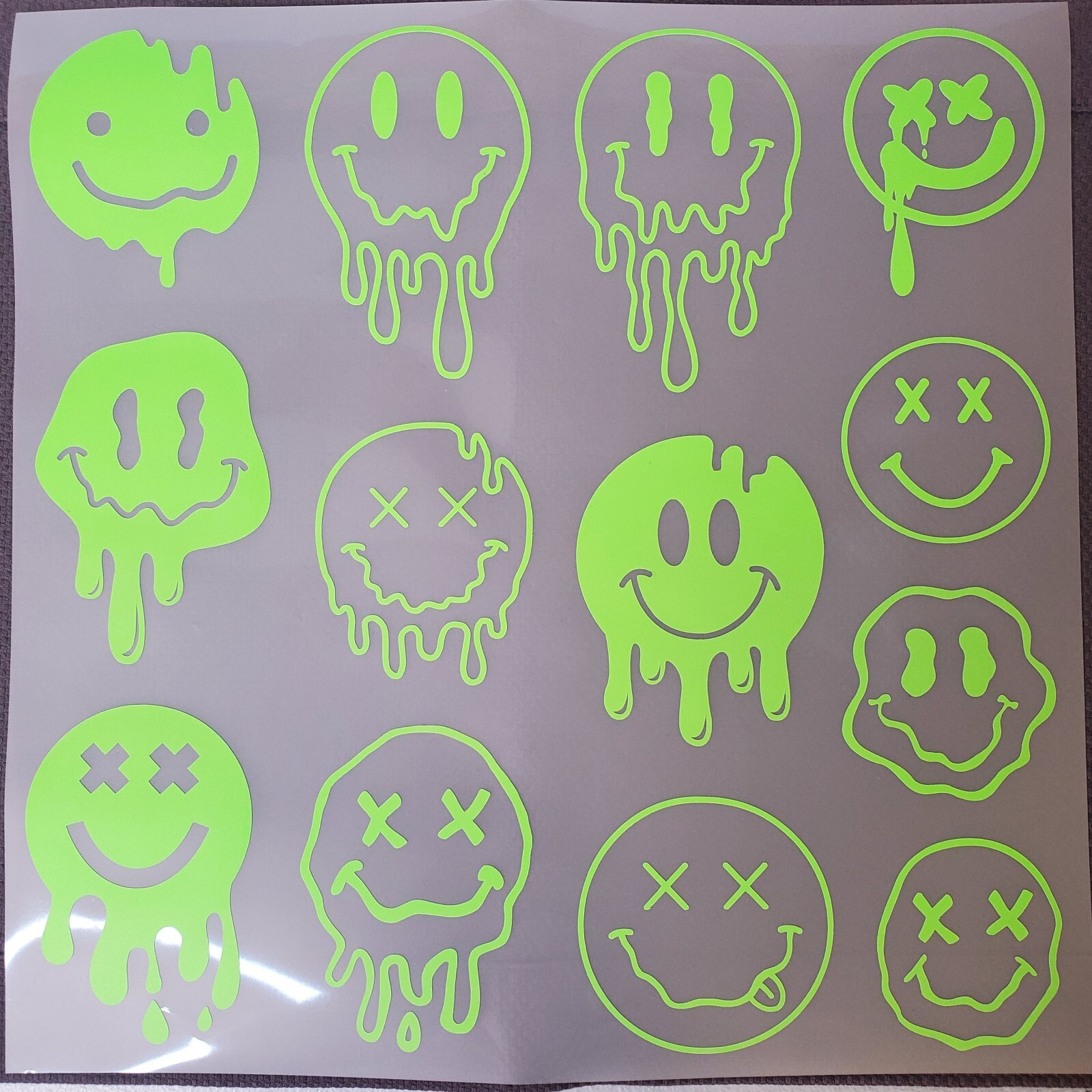 Glow In The Dark Vinyl Decal Smiley Face Drip Effect Lit Studio Decor Full Sheet