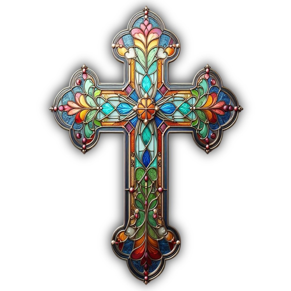 Christian Cross Shape Stained Glass Color Art Cut To Shape Vinyl Sticker