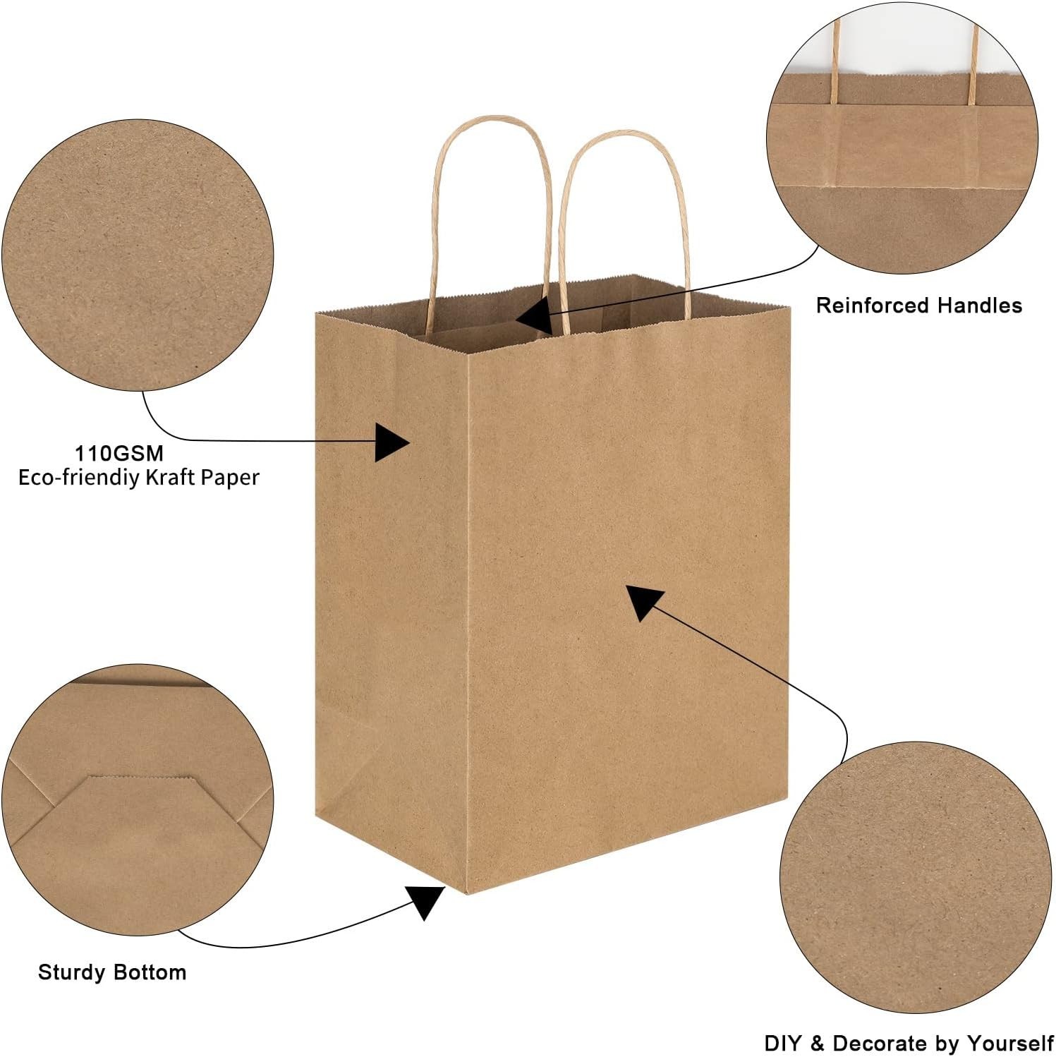 90 Pack Plain Brown Kraft Paper Bags with Handles Bulk, Multiple 3 Assorted S…