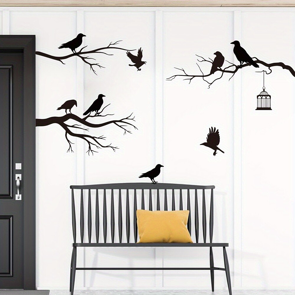 1pc Raven Tree Wall Decal Bird Standing on the Treetop Wall Stickers Birdcage