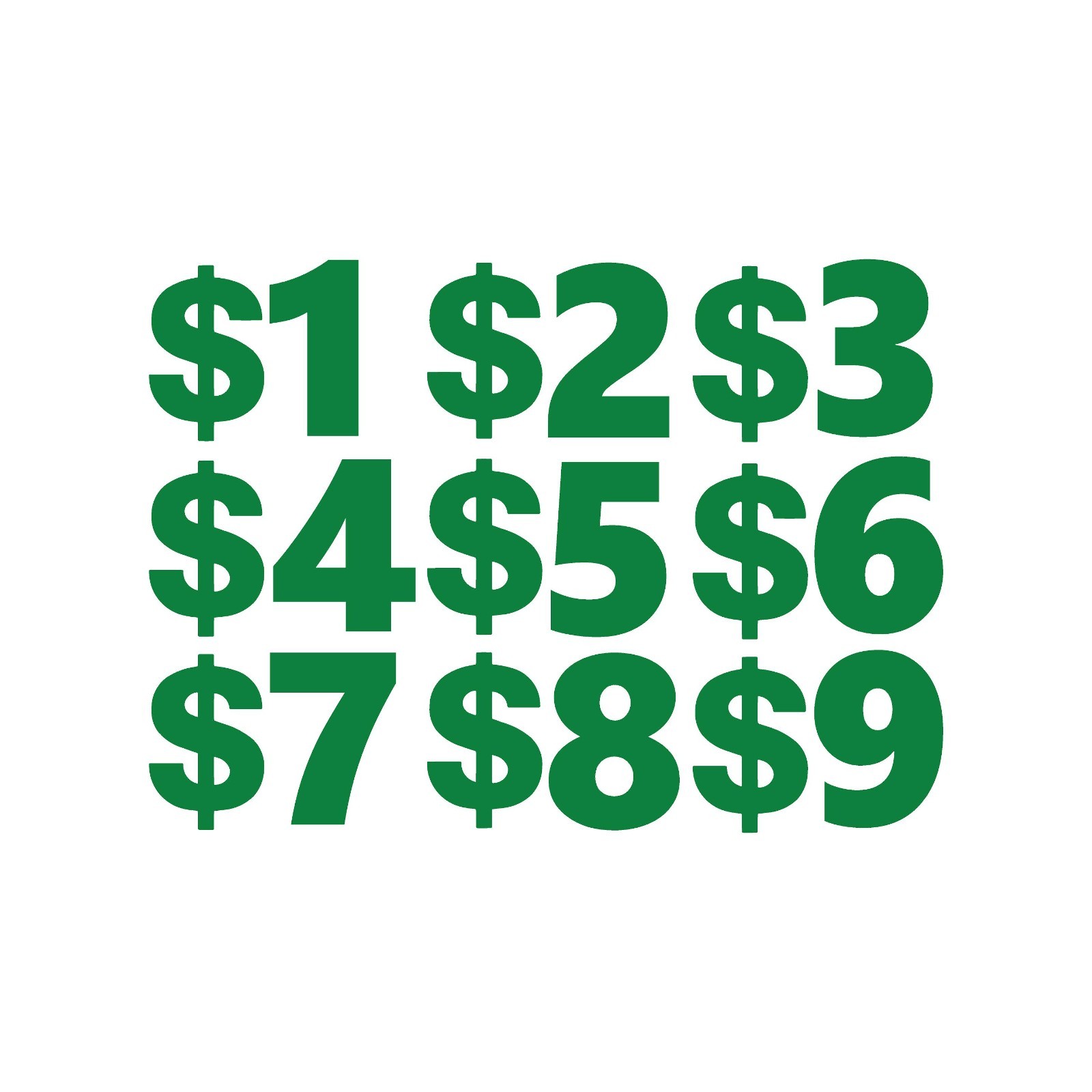 Set of 9 – 1$, 2$, 3$, 4$, 5$, 6$, 7$, 8$, 9$ Vinyl Decal Dollar number stickers