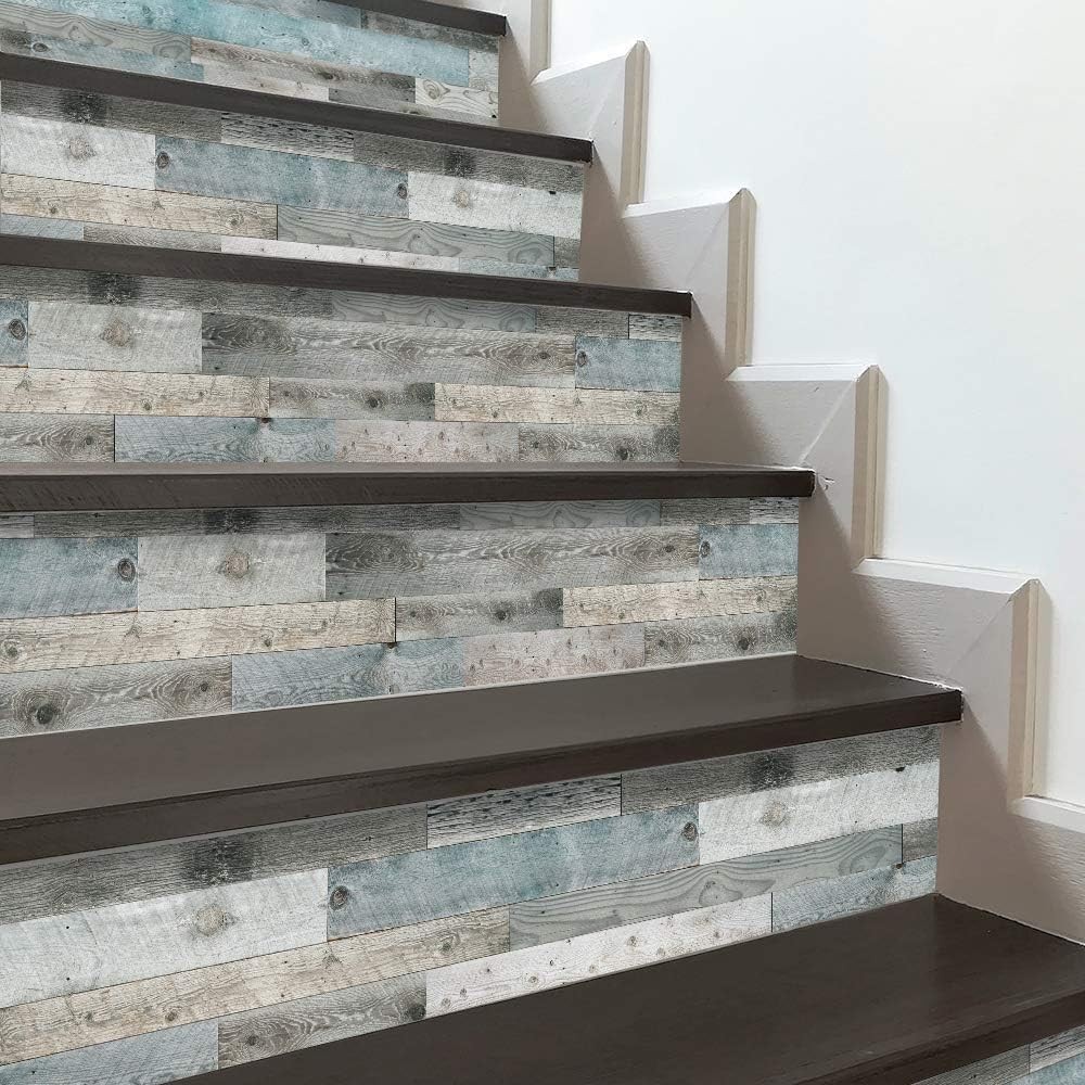 funlife 14 Strips Peel and Stick Stair Risers 14 Strips, Fresh Blue Wood