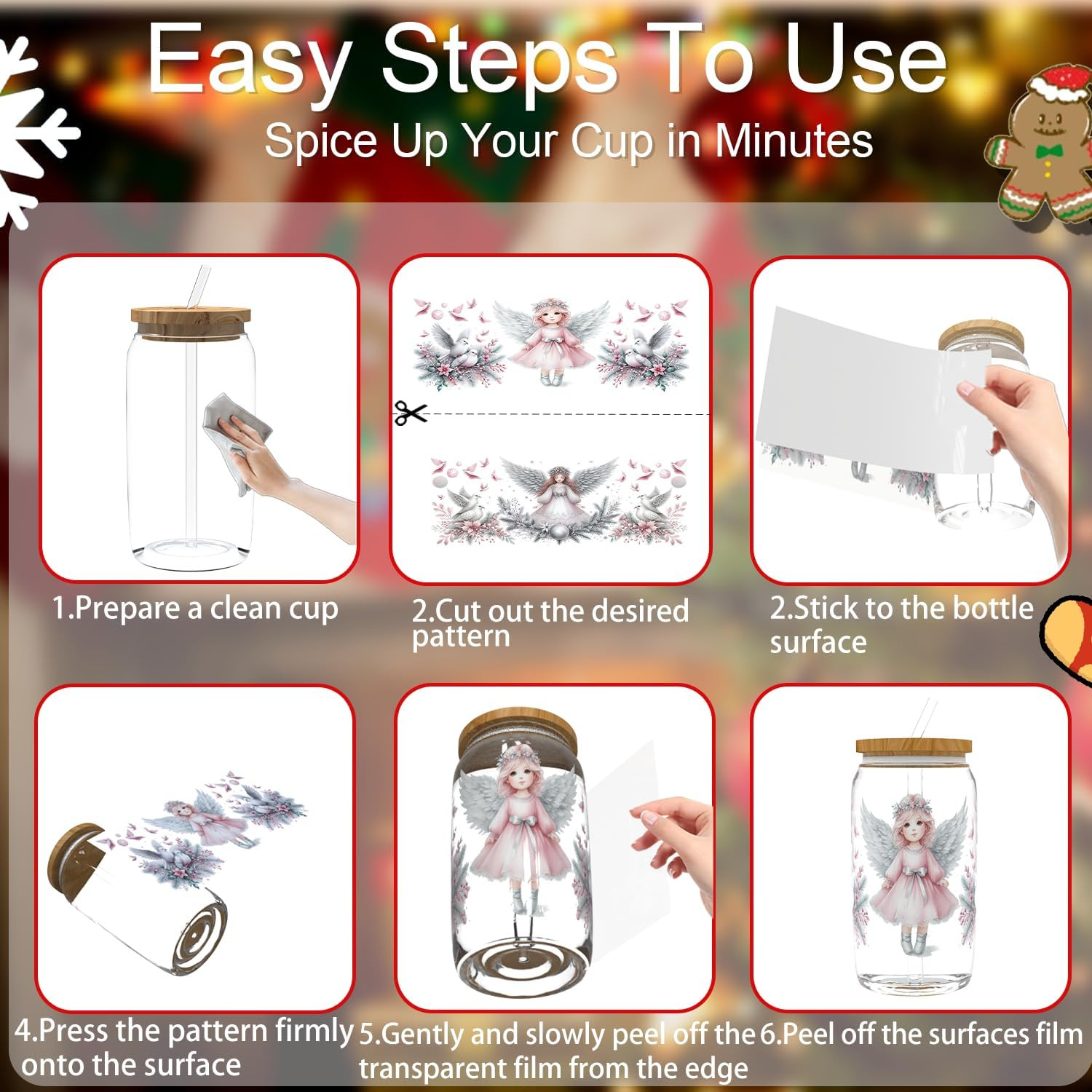 8PCS Christmas Elf Style UV DTF Stickers | 16 Oz Glass Cup Wraps, DIY Decals for