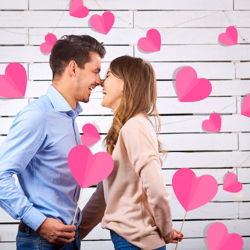100 PCS 3D Pink Heart Valentine Day Wall Stickers,Waterproof Removable Love Hear