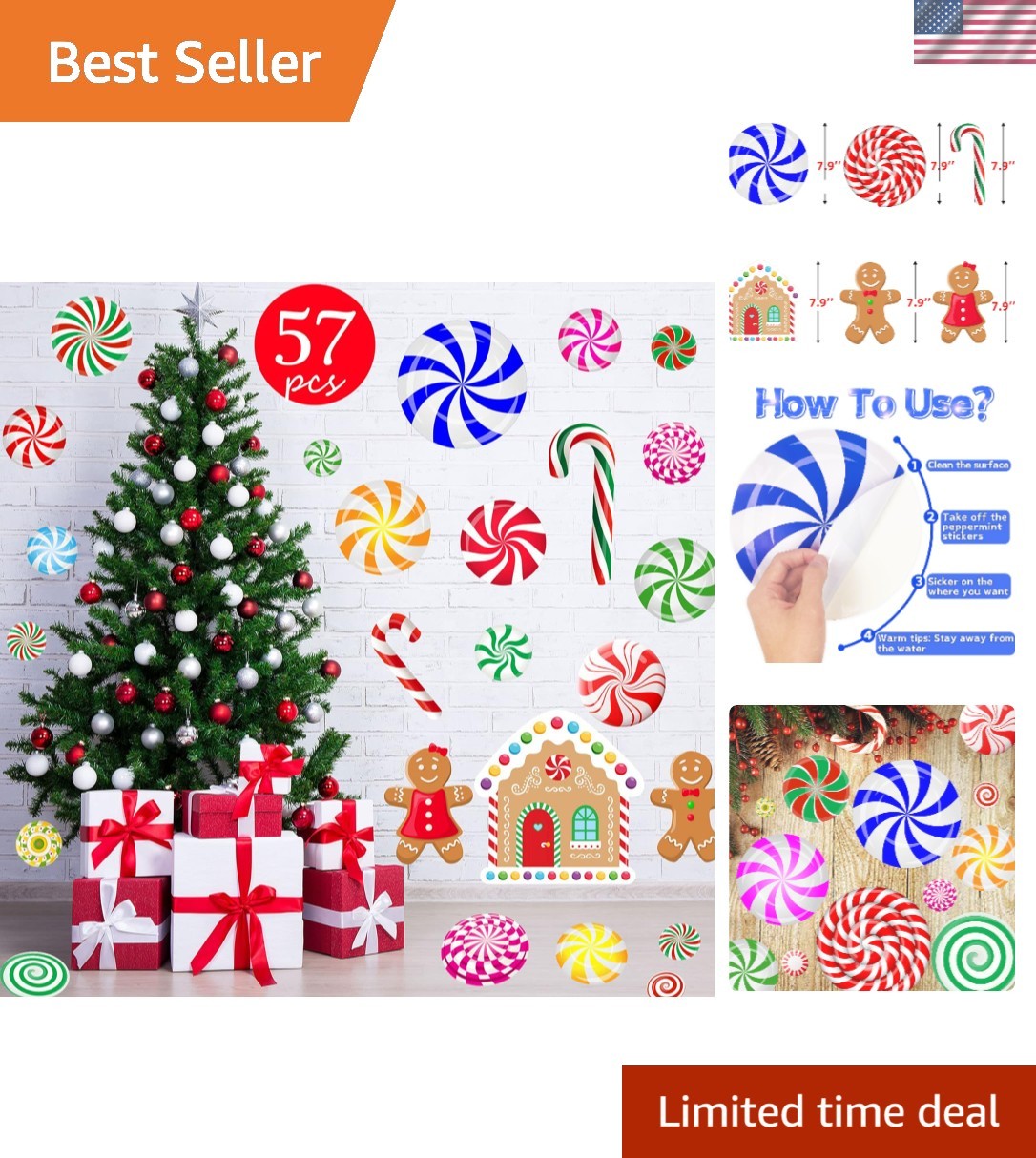 Easy-to-Apply 57PCS Peppermint Wall and Floor Decals for Kids' Christmas Fun