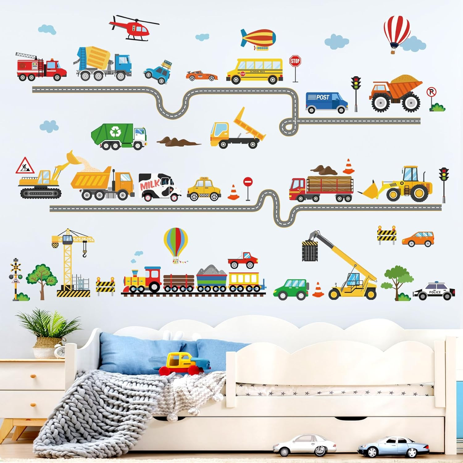 Car Road Wall Stickers Transports Vehicles Construction Truck Wall Decals Baby N