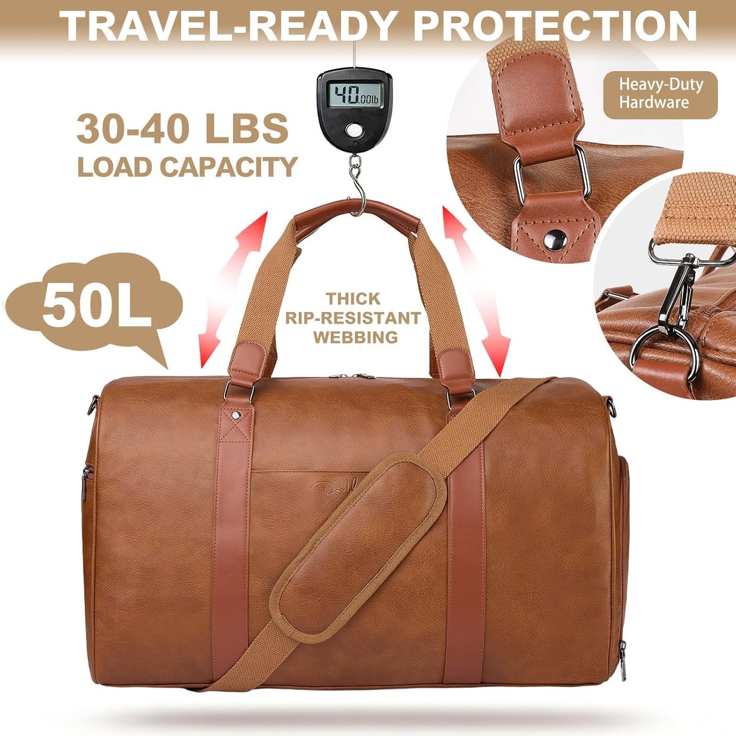 3-in-1 Leather Duffle Bag for Travel with Toiletry Bag and Shoe Compartment, …