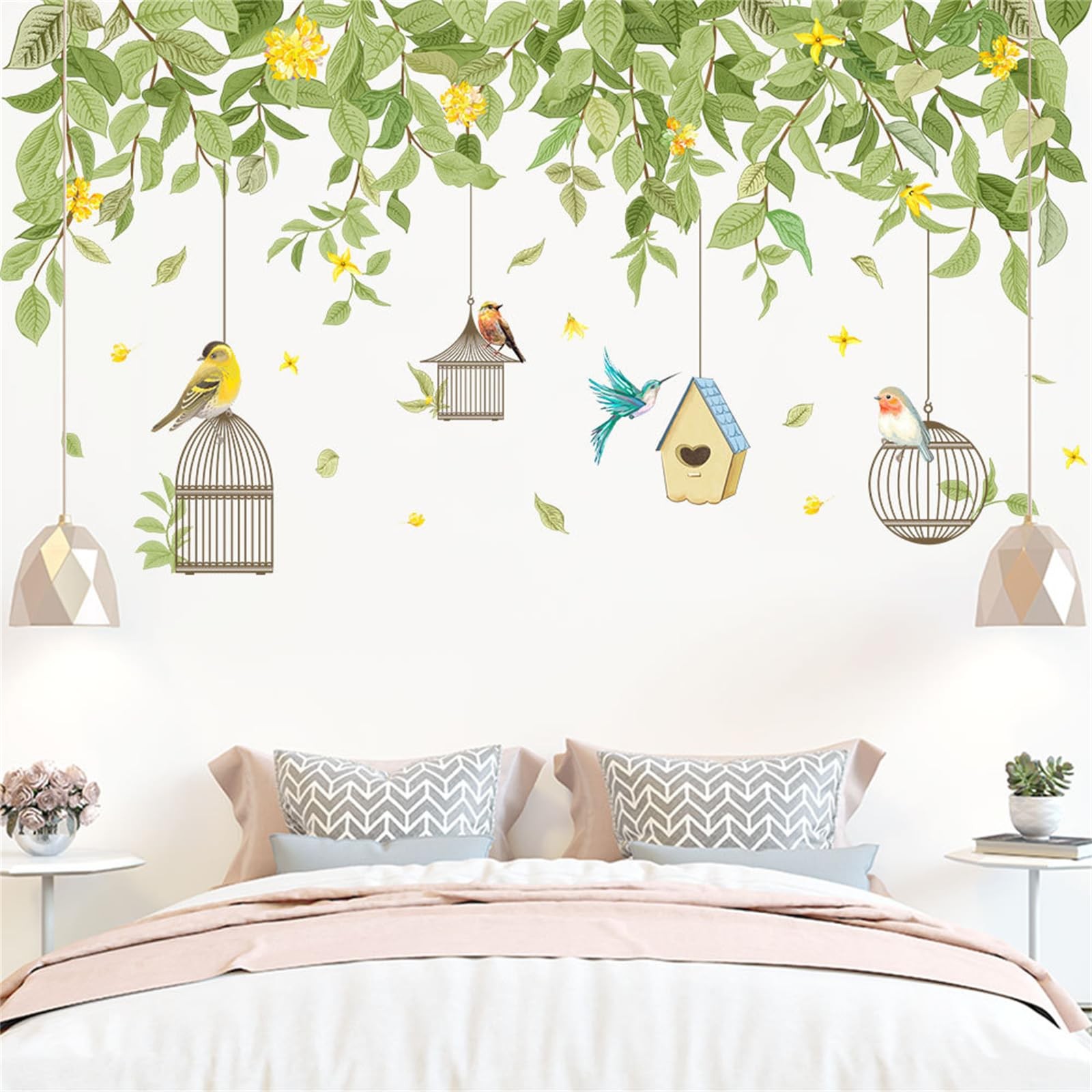 Hanging Green Leaf Wall Stickers Decor Yellow Floral Flower Leaves Bird Cage …