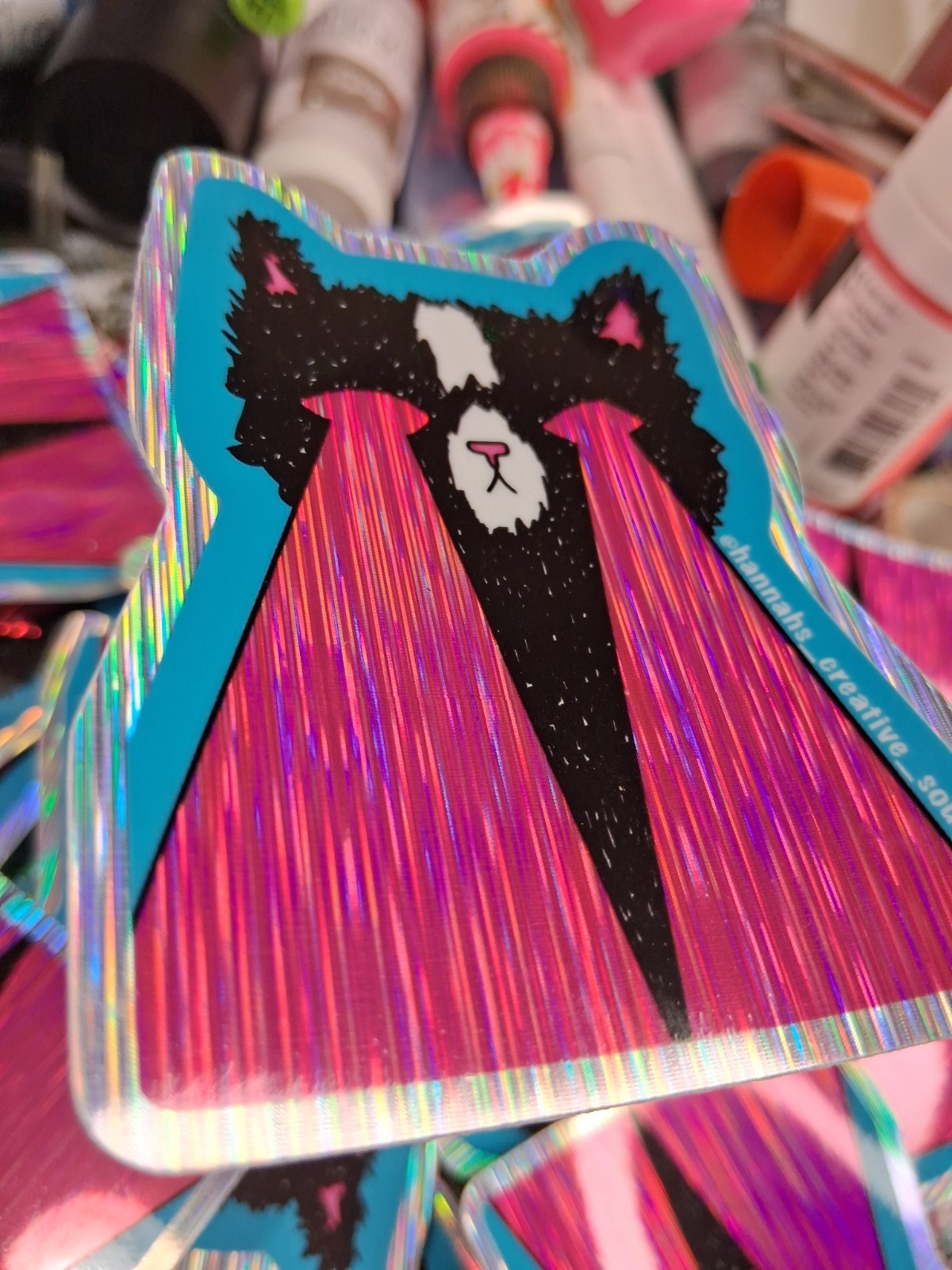 Holographic Whimsical Surreal Cute Kitty Lazer Beam Eyes Vinyl Sticker,Trippy