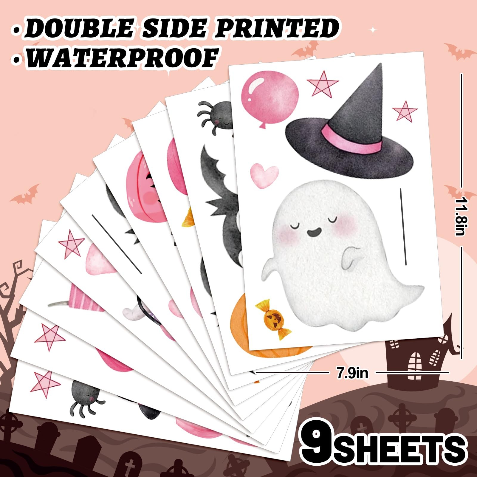 JarThenaAMCS 9 Sheets Halloween Window Cling Stickers 7.9 x 11.8 inch, Pink