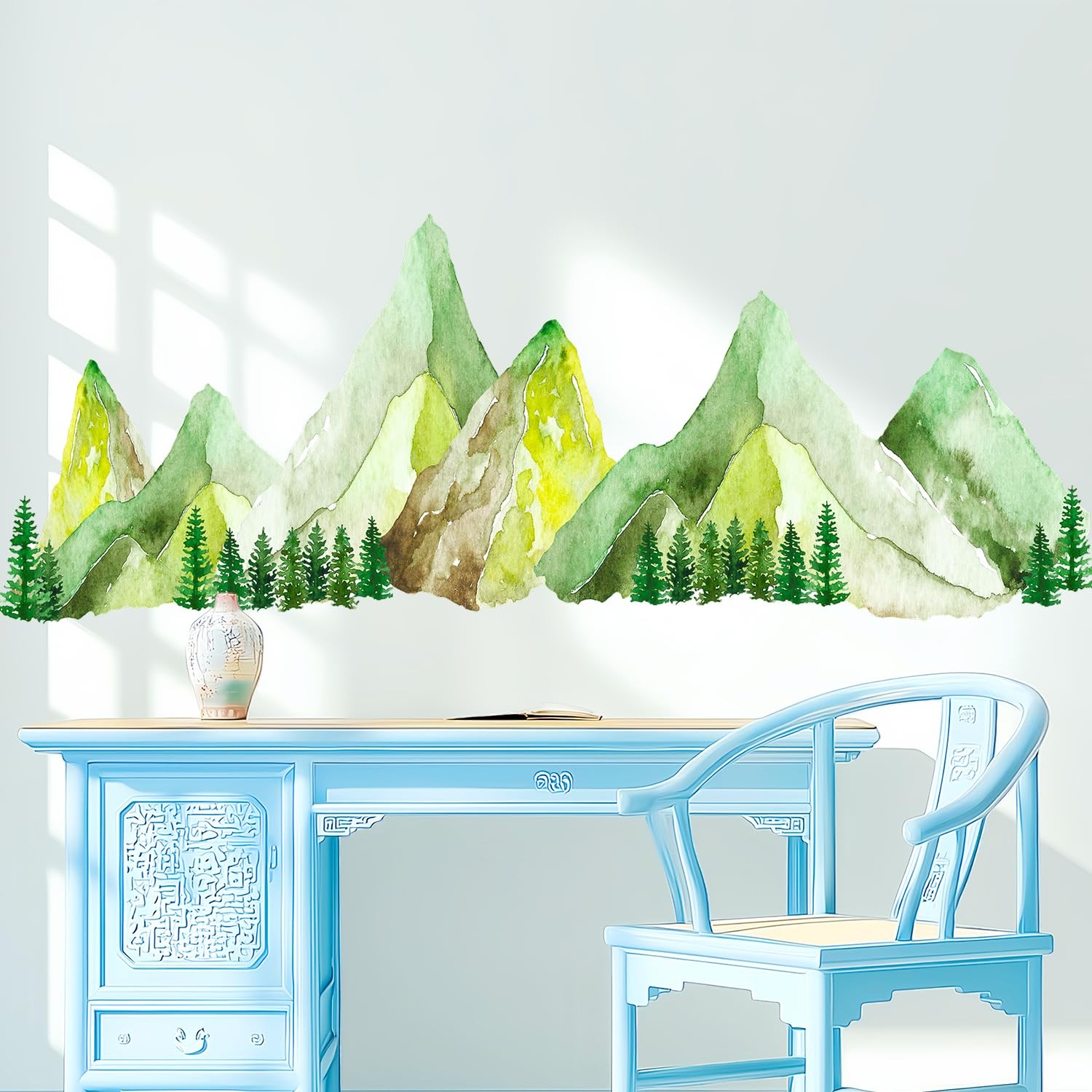 Mountain Wall Decal with Pine Trees – Scenic Forest Range Wall Stickers, Boho…