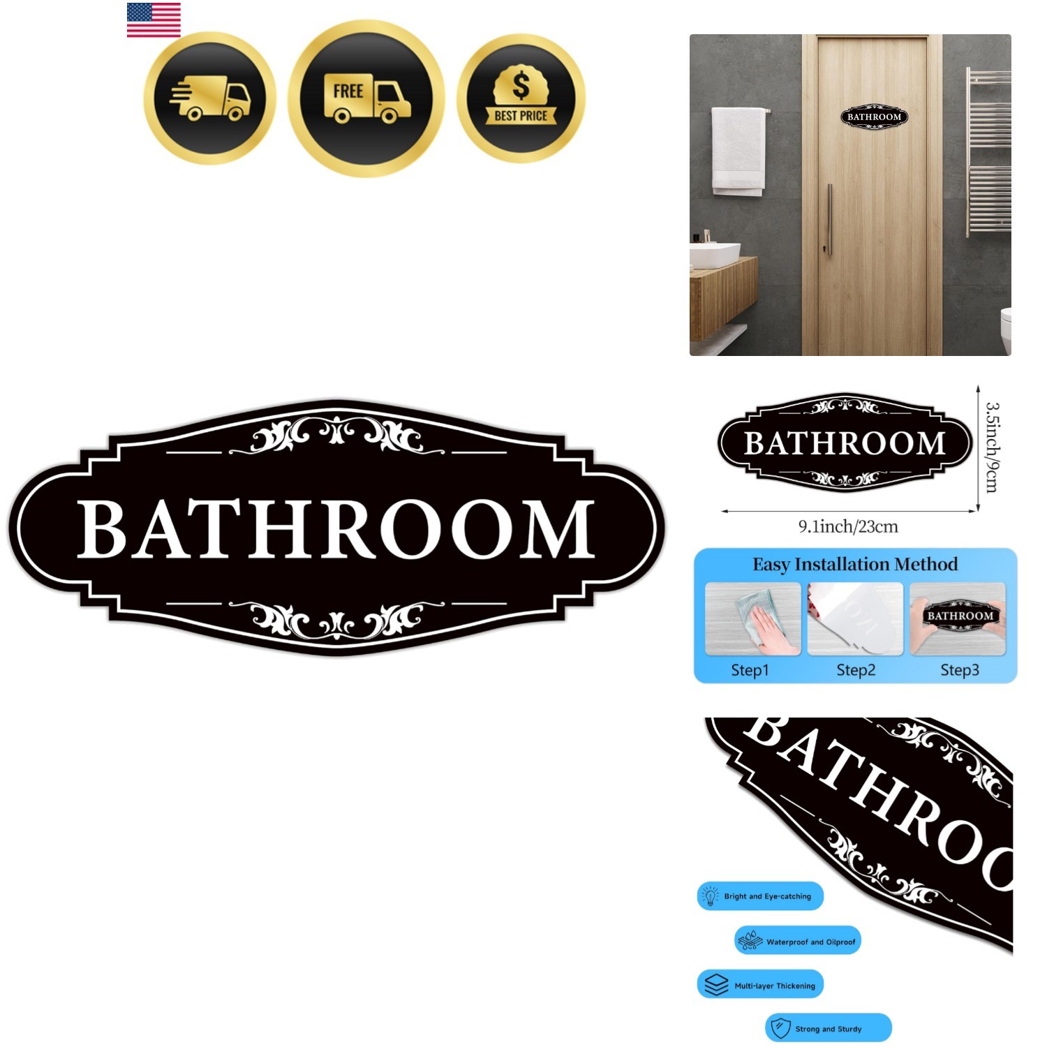 Bathroom Sign Sticker for Business and Home，Self-adhesive Cute Bathroom Decor…